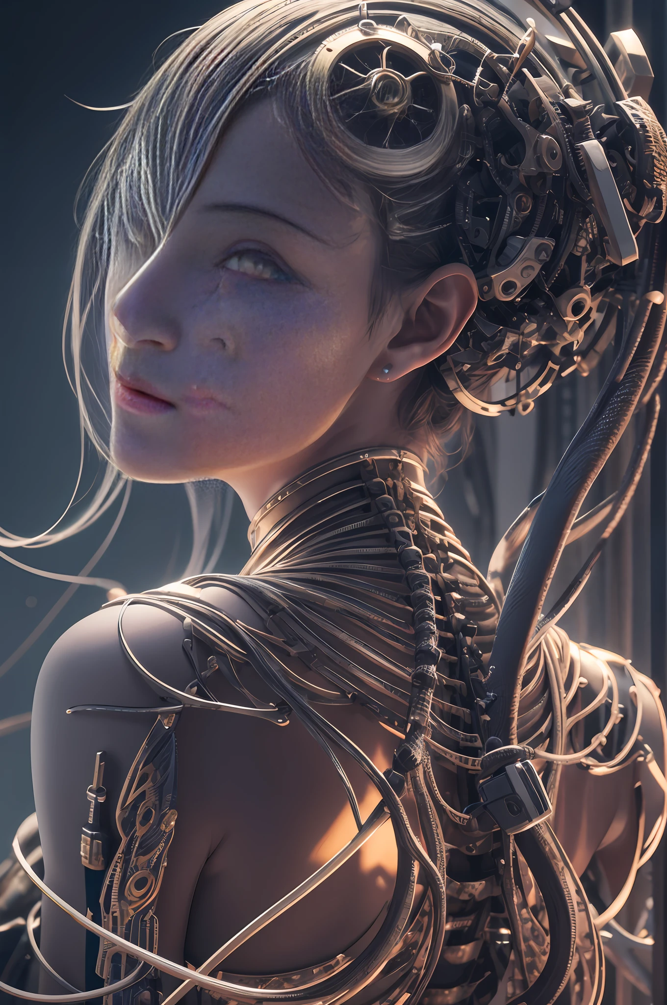 1mechanical girl,((ultra realistic details)), portrait, global illumination, shadows, octane render, 8k, ultra sharp,metal,intricate, ornaments detailed, cold colors, egypician detail, highly intricate details, realistic light, trending on cgsociety, glowing eyes, facing camera, neon details, machanical limbs,blood vessels connected to tubes,mechanical vertebra attaching to back,mechanical cervial attaching to neck,sitting,wires and cables connecting to head --auto --s2