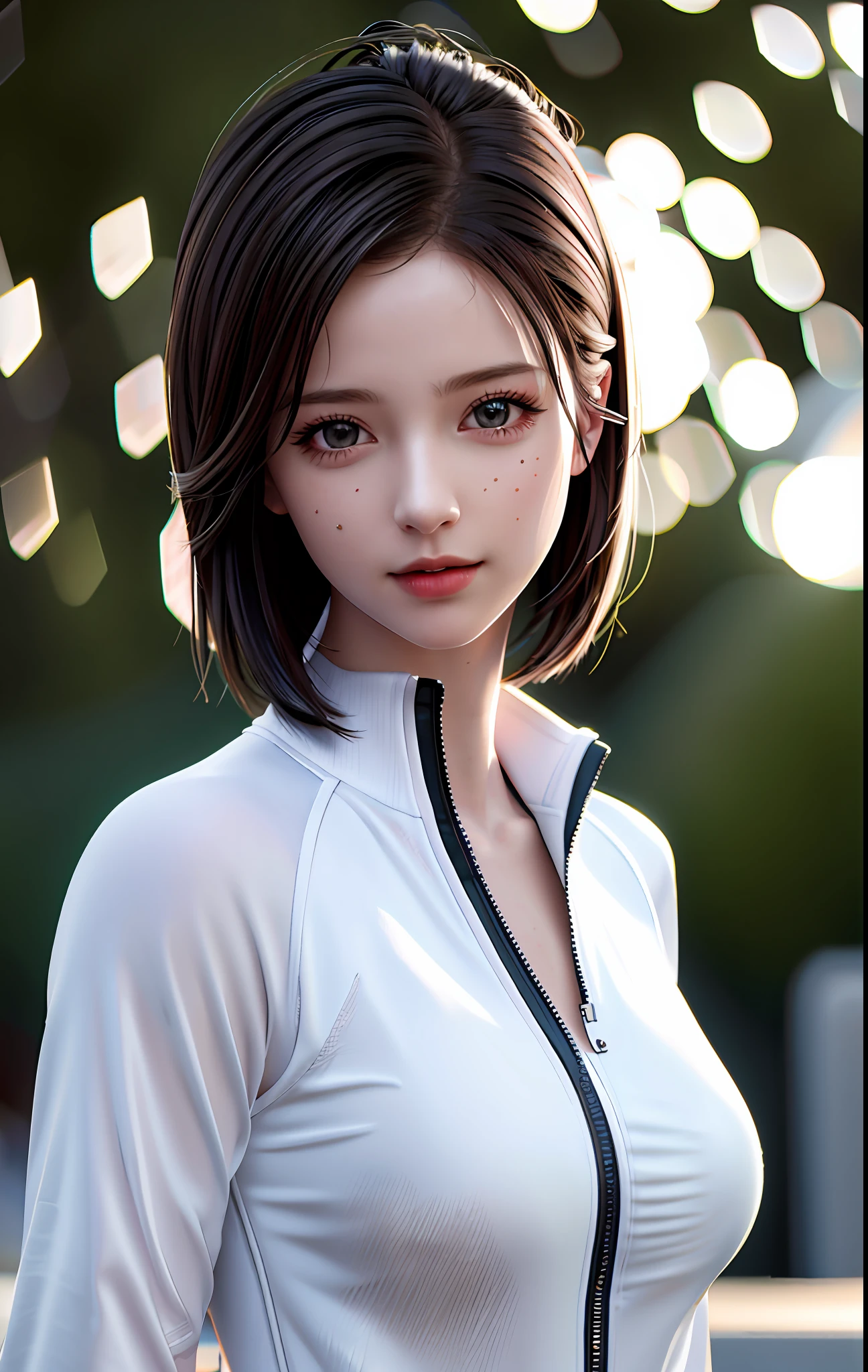 best quality, masterpiece, high_res, 1 girl, beautiful face, photo realistic, edge lighting, (high detail skin: 1.2), 8k ultra hd, DSLR, high quality, high resolution, 4k, 8k, bokeh, medium breast, ridiculous, best ratio Four fingers and one finger, wet shirt, wet body, no bra, (realistic: 1.2), white tracksuit, dimly lit, backlit, dark, highly detailed, short hair, sweet