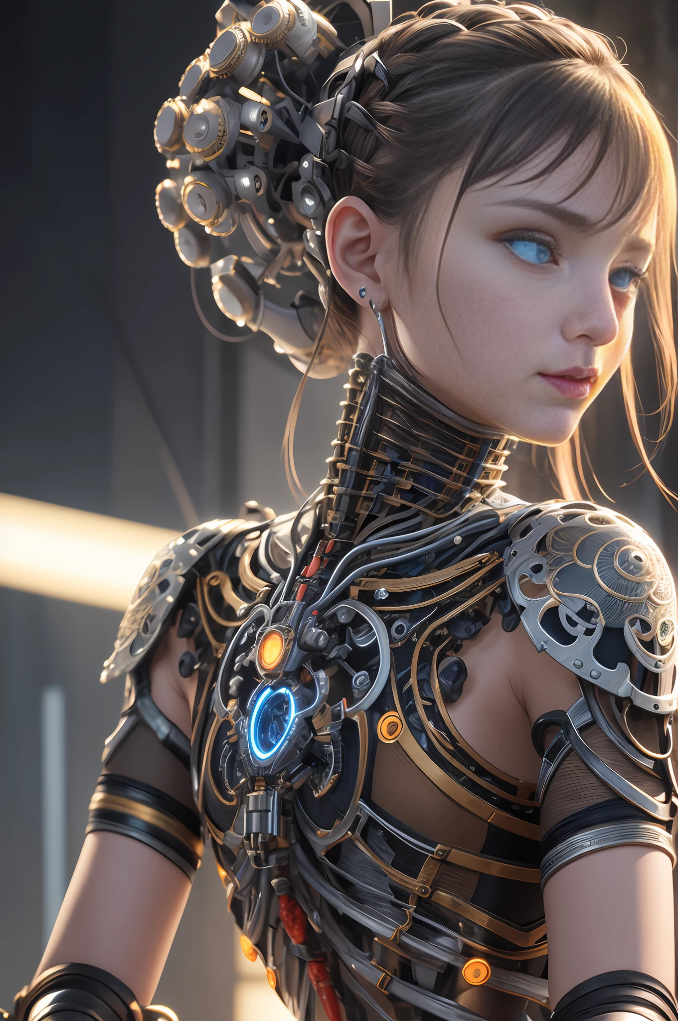 1mechanical girl,((ultra realistic details)), portrait, global illumination, shadows, octane render, 8k, ultra sharp,metal,intricate, ornaments detailed, cold colors, egypician detail, highly intricate details, realistic light, trending on cgsociety, glowing eyes, facing camera, neon details, machanical limbs,blood vessels connected to tubes,mechanical vertebra attaching to back,mechanical cervial attaching to neck,sitting,wires and cables connecting to head --auto --s2