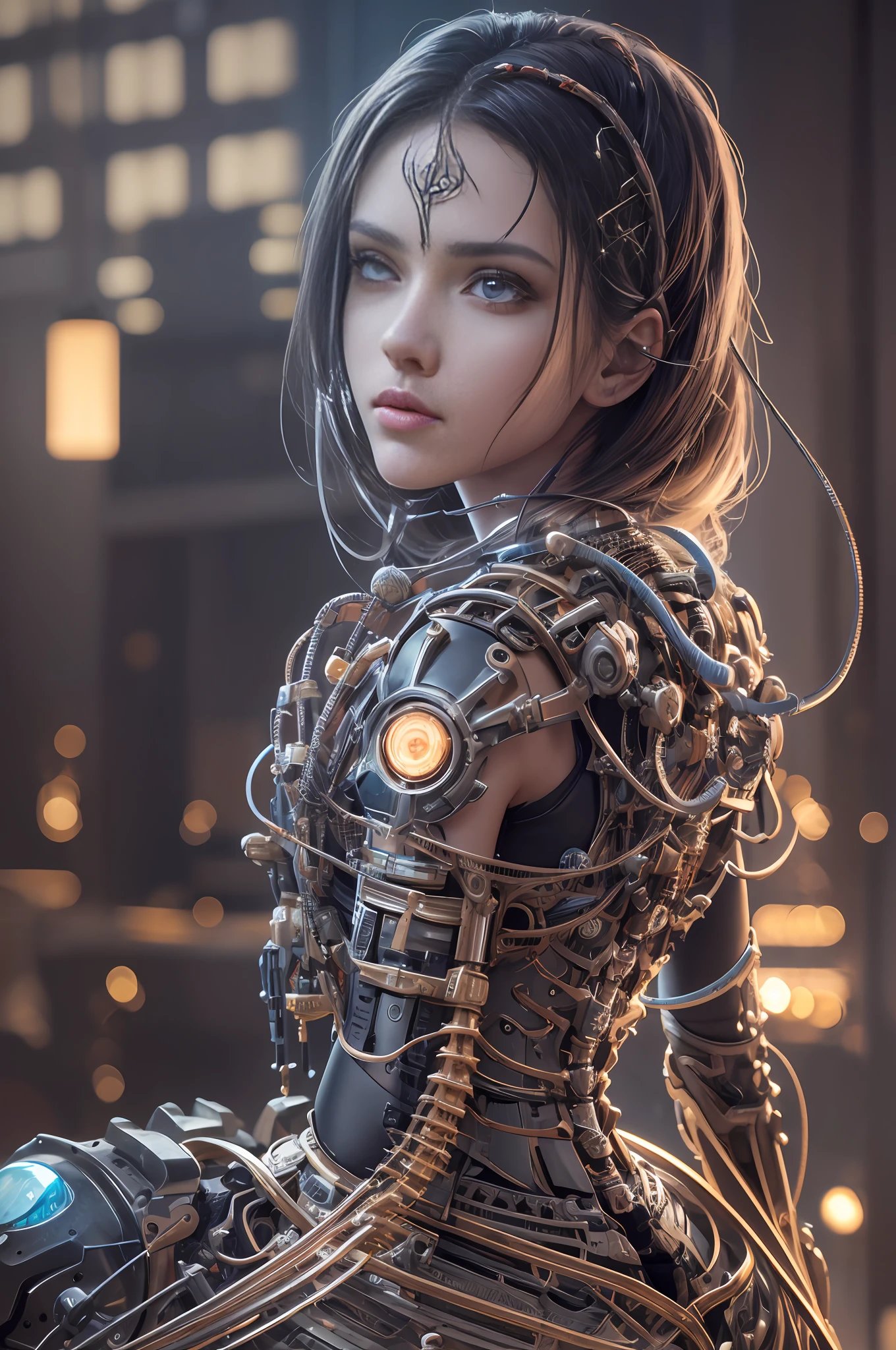 1mechanical girl,((ultra realistic details)), portrait, global illumination, shadows, octane render, 8k, ultra sharp,metal,intricate, ornaments detailed, cold colors, egypician detail, highly intricate details, realistic light, trending on cgsociety, glowing eyes, facing camera, neon details, machanical limbs,blood vessels connected to tubes,mechanical vertebra attaching to back,mechanical cervial attaching to neck,sitting,wires and cables connecting to head --auto --s2