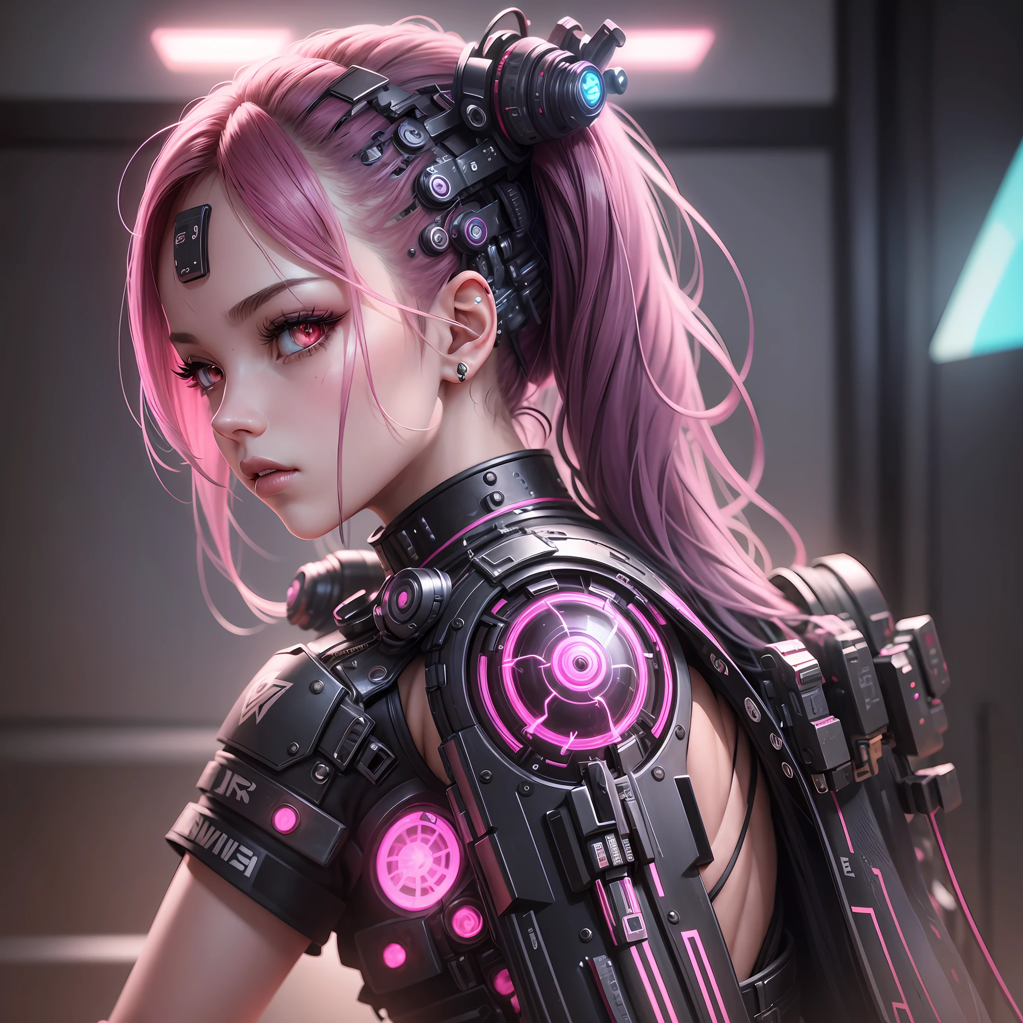 A cute Rosé Blackpink cyberpunk mechanical girl, ultra realistic details, global illumination, shadows, octane render, 8k, ultra sharp,metal,intricate, ornaments detailed, cold colors, cyberpunk detail, highly intricate details, realistic light, trending on cgsociety, glowing eyes, facing camera, neon details, machanical limbs,blood vessels connected to tubes,mechanical vertebra attaching to back,mechanical cervical attaching to neck,sitting,wires and cables connecting to head --auto --s2