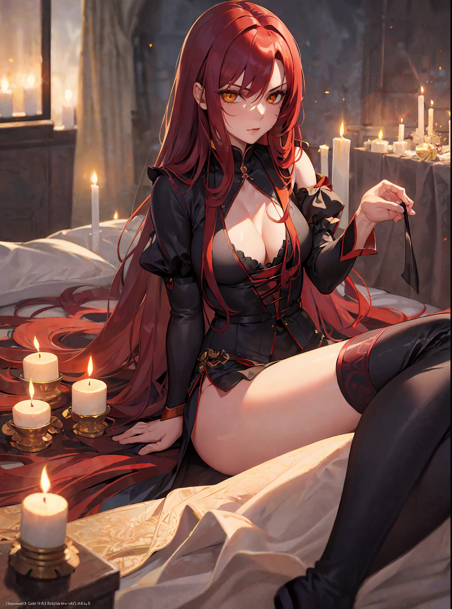 (masterpiece, best quality) an adult woman with very long red hair, purple lingerie, , long stockings, black boots, semi naked, sexy, queen, yellow eyes, serious, emotionless, bed, sensual posture, straight bangs, very long red hair, evil, (yellow eyes), flirtatious, gothic, dark room, (candles), medium chest, portrait from waist to head, cinematics, color oil painting, cinematic lighting, extremely detailed face, finely detailed face, beautiful face, beautiful eyes, perfect lighting, depth of field, (realistic proportions), (good anatomy)
