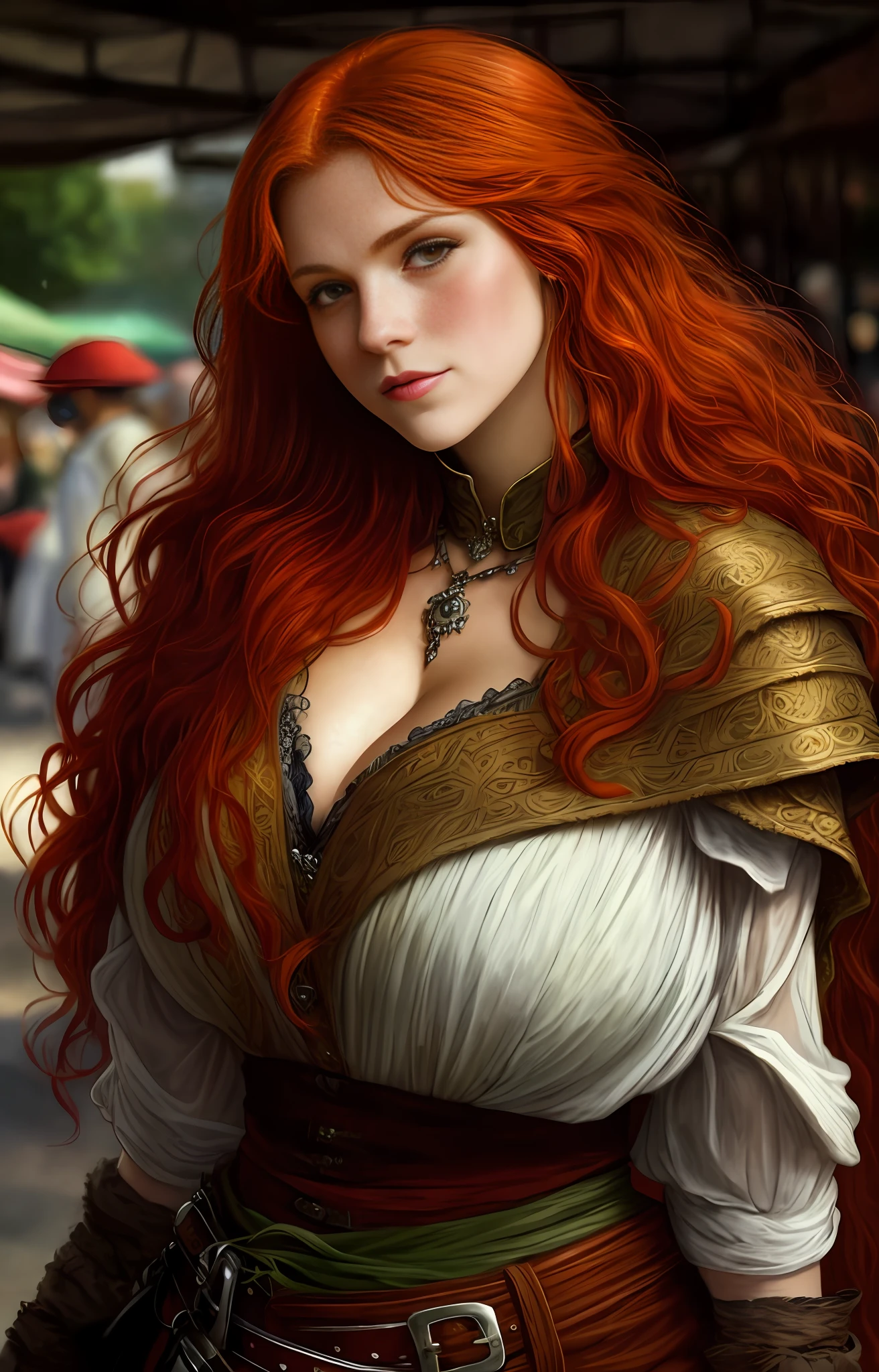 Arafed woman with long red hair standing in a market, red-haired barbarian, red-haired woman, attractive barbarian, beautiful raucous woman, cute young red-haired, flowing red hair, with gigantic long breasts, cute young woman, red-haired barbarian, bewitching young woman, young woman infp, cute woman, young woman with red hair, fertile barbarian redhead, red-haired barbarian, with oversized breasts, swollen breasts covered SFW, bulging through clothes, elegant and strong woman, swaggered and plump, juicy and dignified, fertile and welcoming, sweet and maternal, tender pleasant woman, by Kentaro Miura, by Artgerm, by WLOP, by Studio Ghibli, by Alphons Mucha