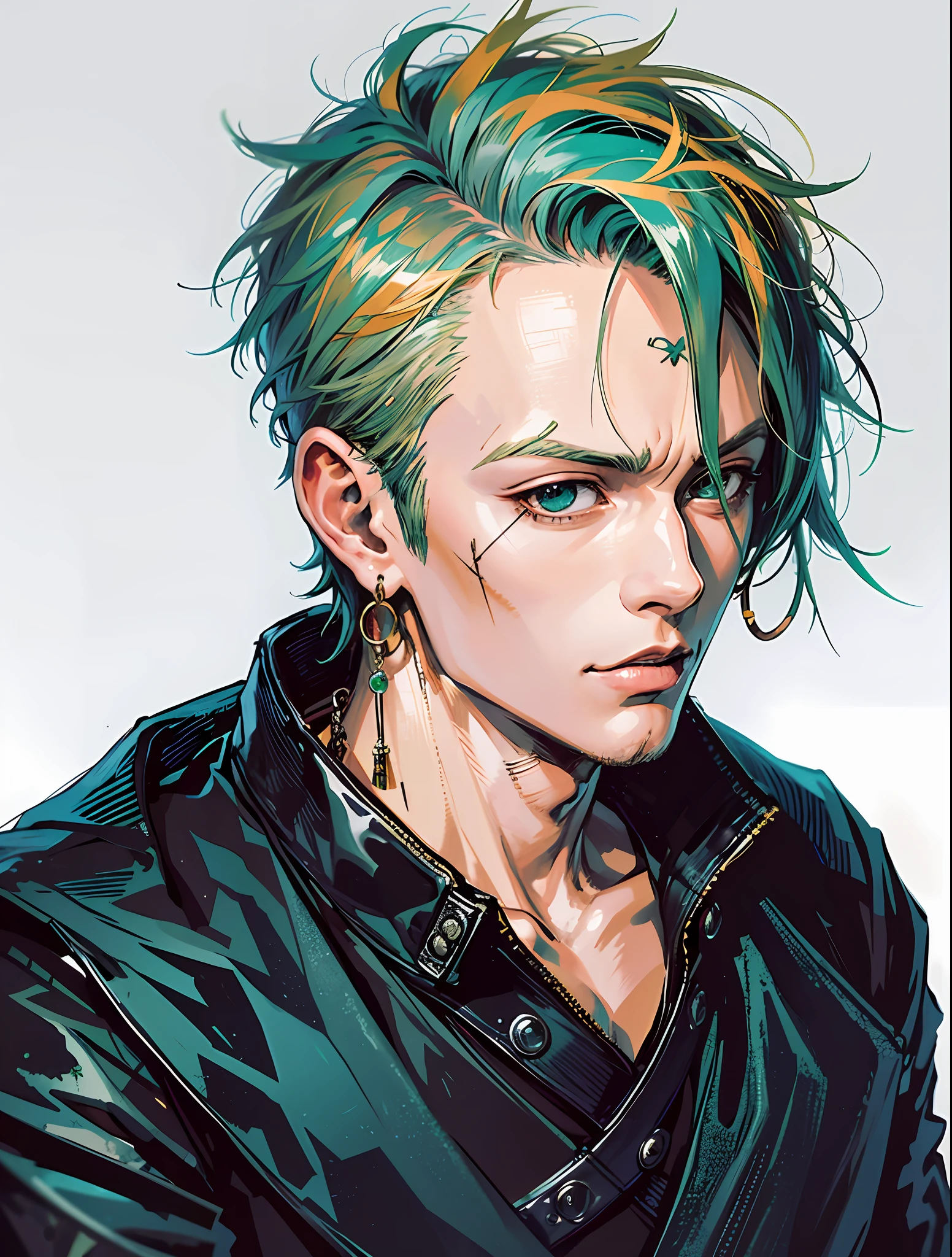 Roronoa Zoro, one piece anime, man, earrings, face, green_hair, jewelry, male_focus, outdoors, short_hair, symmetrical body, portrait, cinematic lighting, high contrast, artstation, character concept art, 8K , simple background, scar over one eye