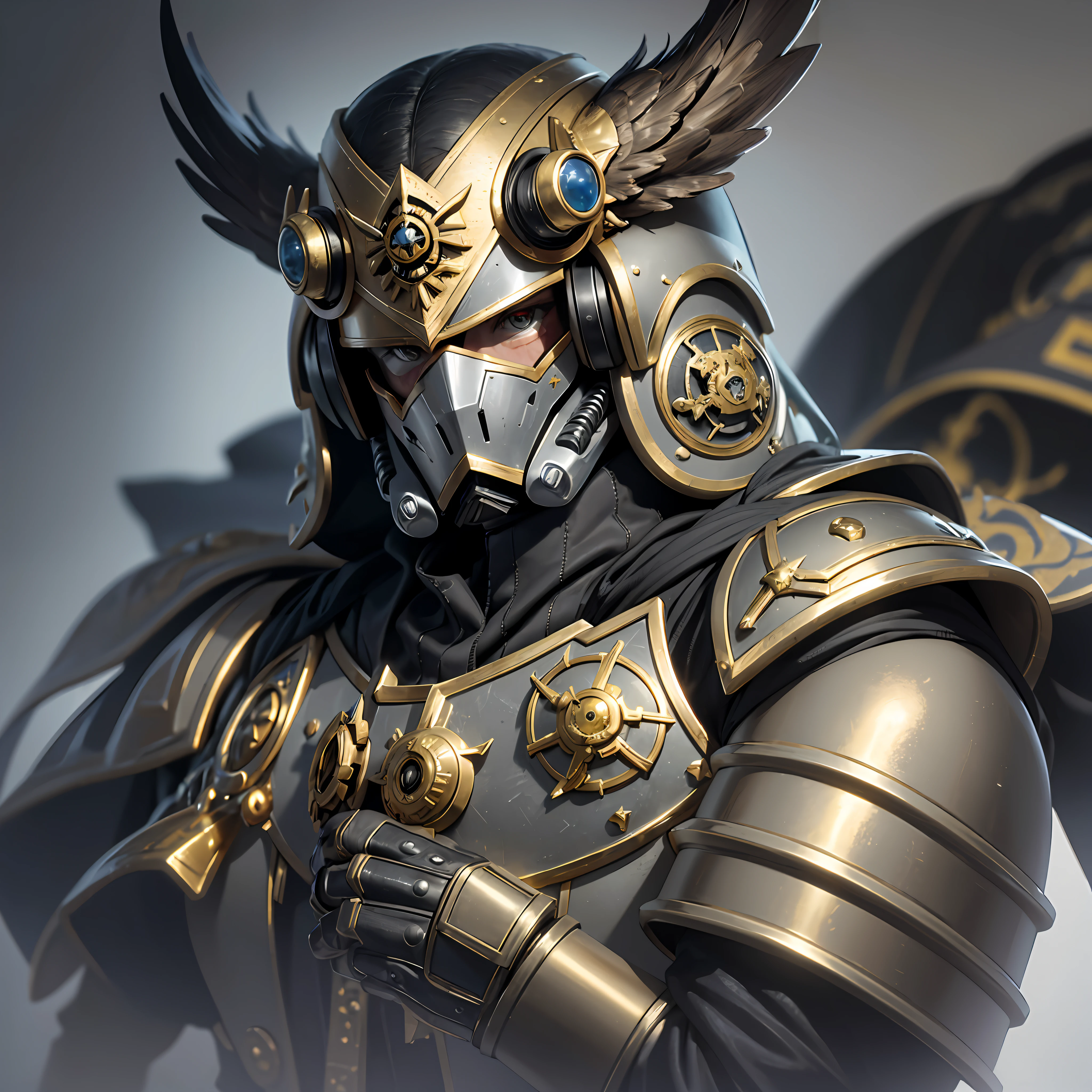 warhammer 40k star Wars wallpapers, in the style of canon eos 5d mark iv, gothic gradeur, close up intensity, grey and gold, elaborate costumes,golden Eagle insignia, shot on 70mm --ar 16:9 --q 2 --s 1000 --auto --s2