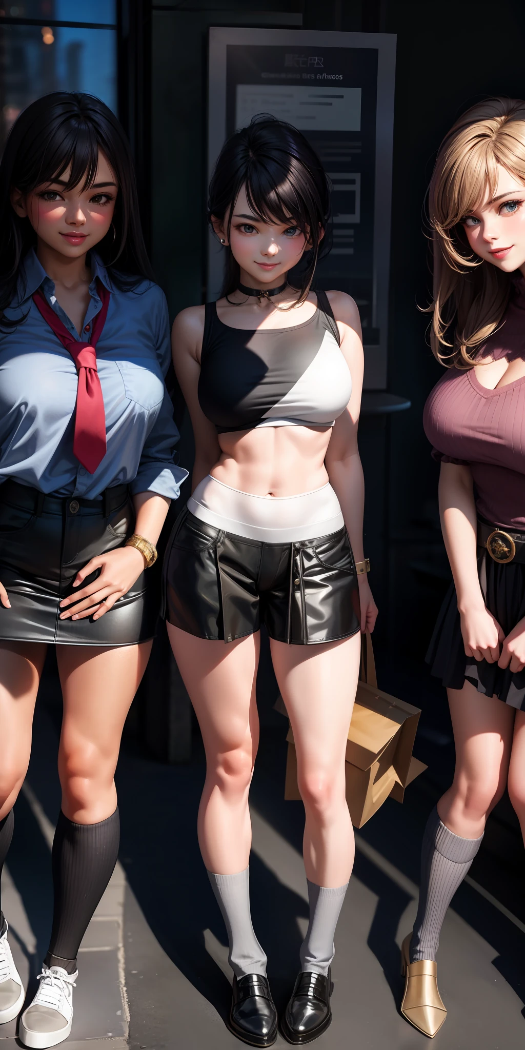 a little bigger, chest emphasised, legs a little thicker, face cute, face smile