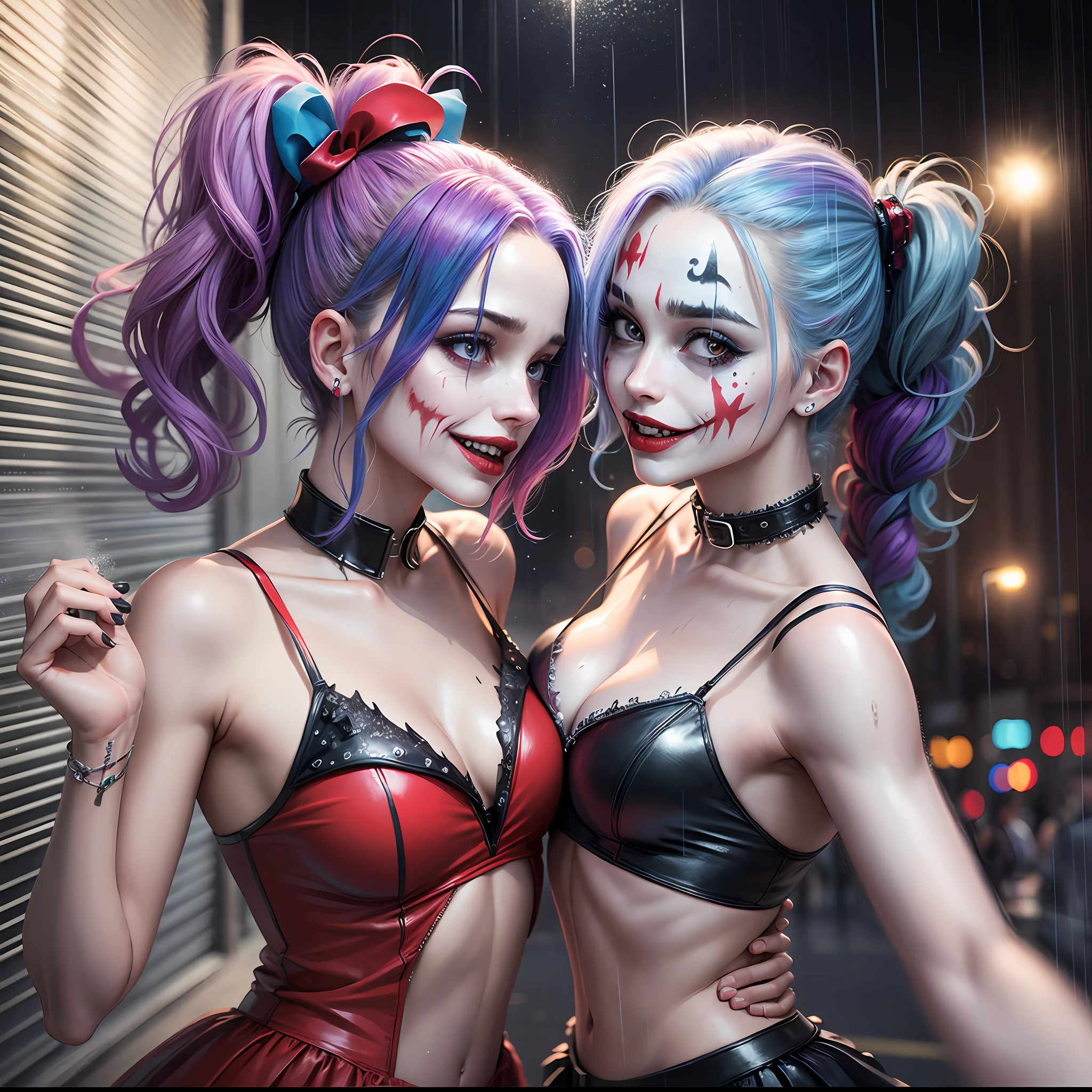 (high quality) (realistic photo), joker couple and Harley Quinn dancing in the rain at night --auto --s2