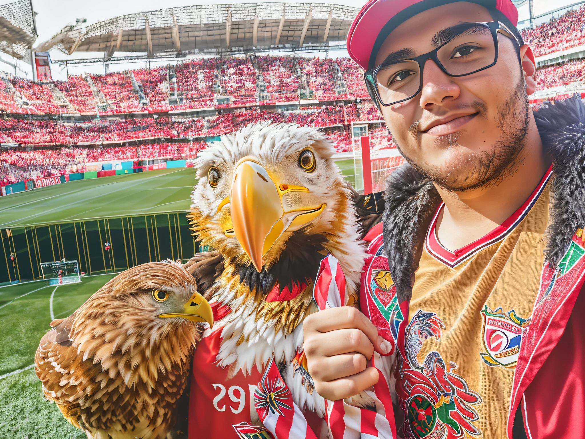 young 20 with a Benfica mascot, holding a benfica scarf, very low quality image, with an eagle emblem,8k, football mascot, , profile picture, high quality upload, detailed photo, high details