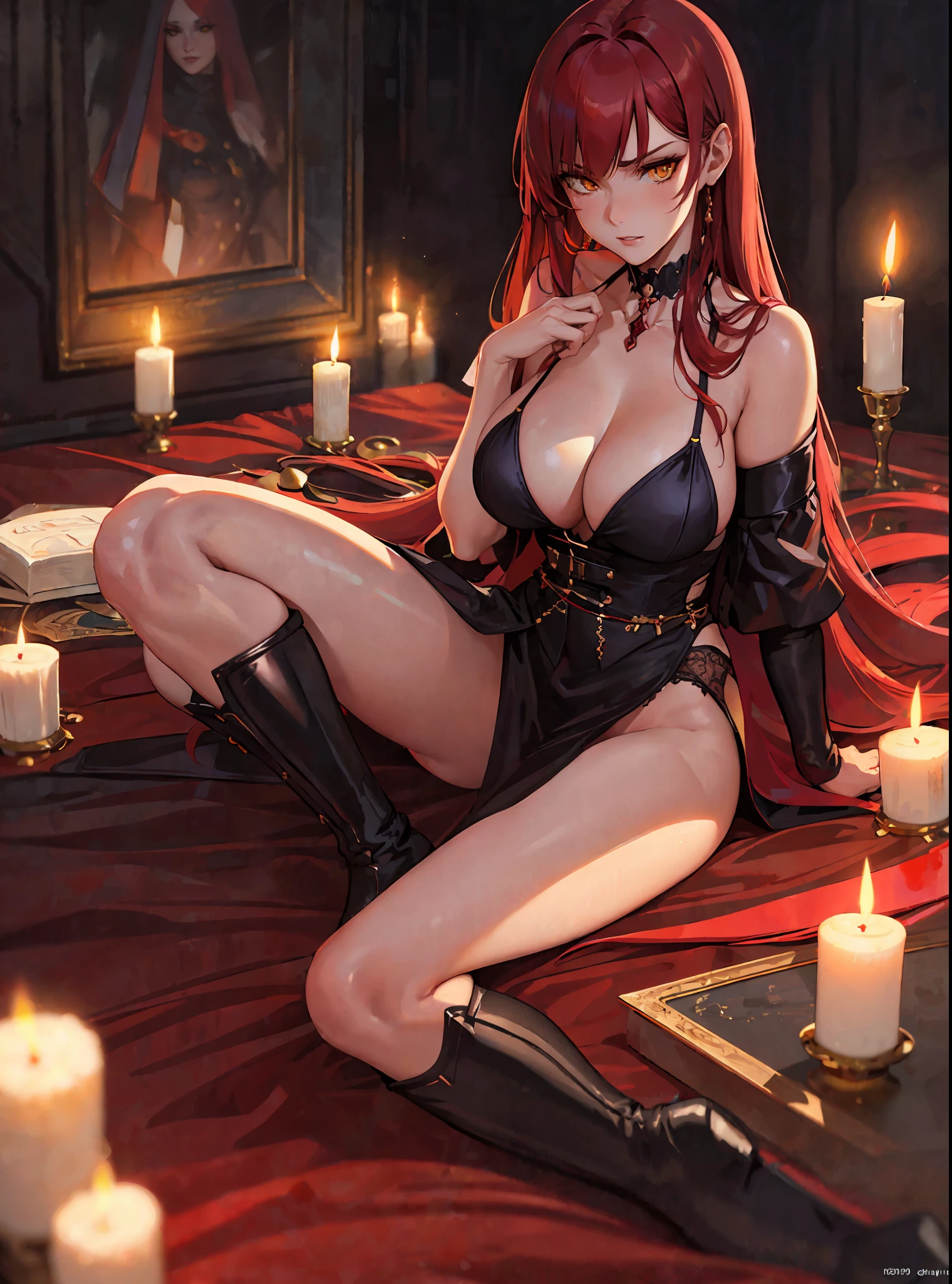 (masterpiece, best quality) an adult woman with very long red hair, purple lingerie, , long stockings, black boots, semi , sexy,een, yellow eyes, serious, emotionless, bed, sensual posture, straight bangs, very long red hair, evil, (yellow eyes), flirtatious, gothic, dark room, (candles), medium chest, portrait from waist to head, cinematic, (solo), color oil painting, cinematic lighting, extremely detailed face, finely detailed face, beautiful face, beautiful eyes, perfect lighting, depth of field, (realistic proportions), (good anatomy)
