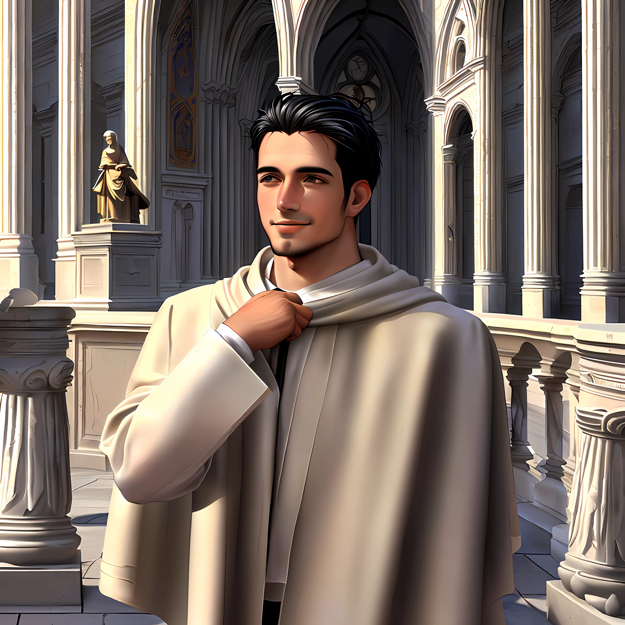 St. Thomas Aquinas, catholic church, realistic photo, 3d, smiling, Caravaggio, catholic temple in the background, HD, cappuccino monk clothing