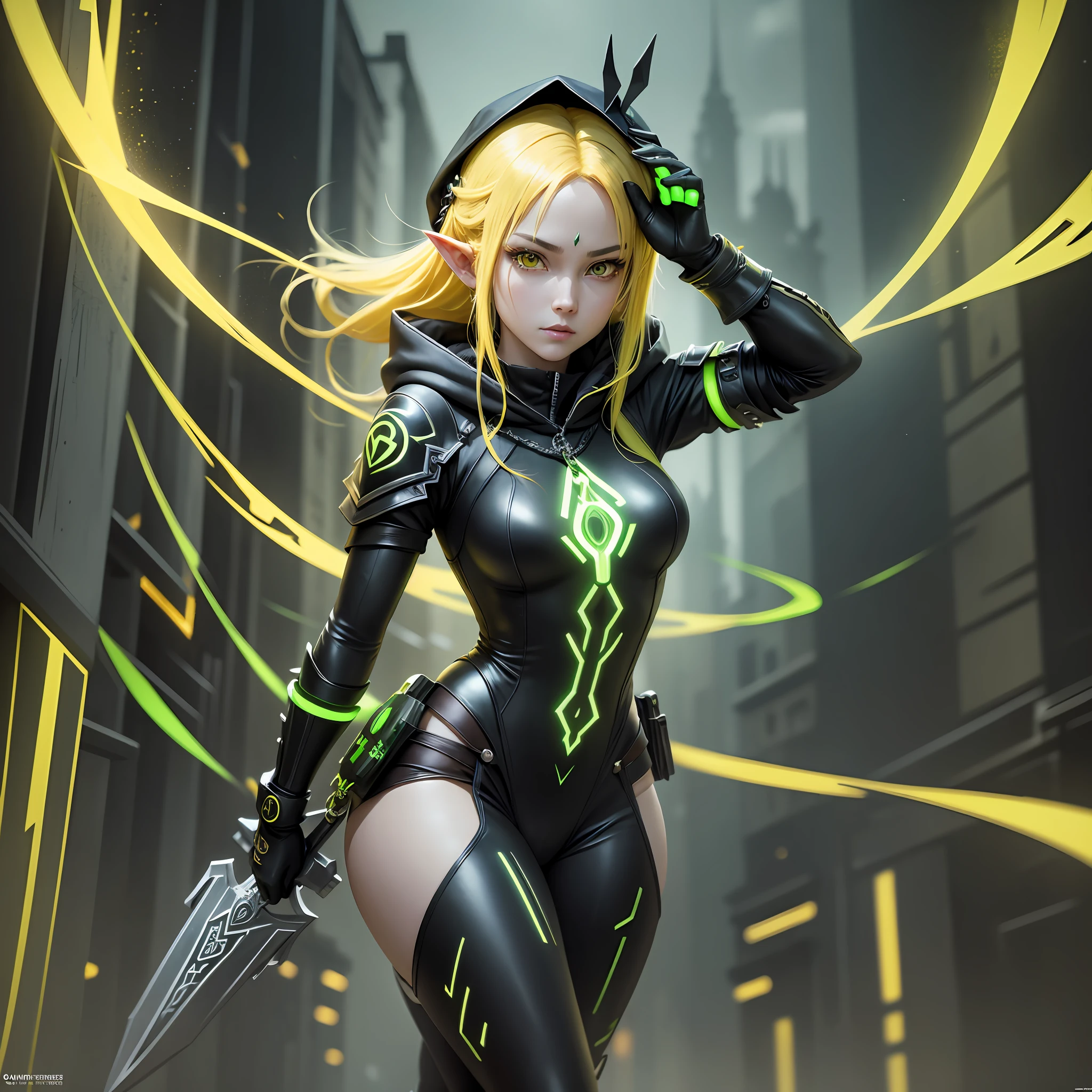 A full-body shot of Princess Zelda, yellow hair, yellow eyes, dressed as a Trudy from the matrix in black+neon green with a black mask and hood with green details, XL bust, holding a flaming Kunai attached to a chain. Background: Cybercity created in the Matrix at night. Unreal Engine 5, Anime, Anime style, Masterpiece, Well drawn eyes, well drawn face, well detailed eyes, well detailed face, 8k, light and shadow effect. --auto --s2