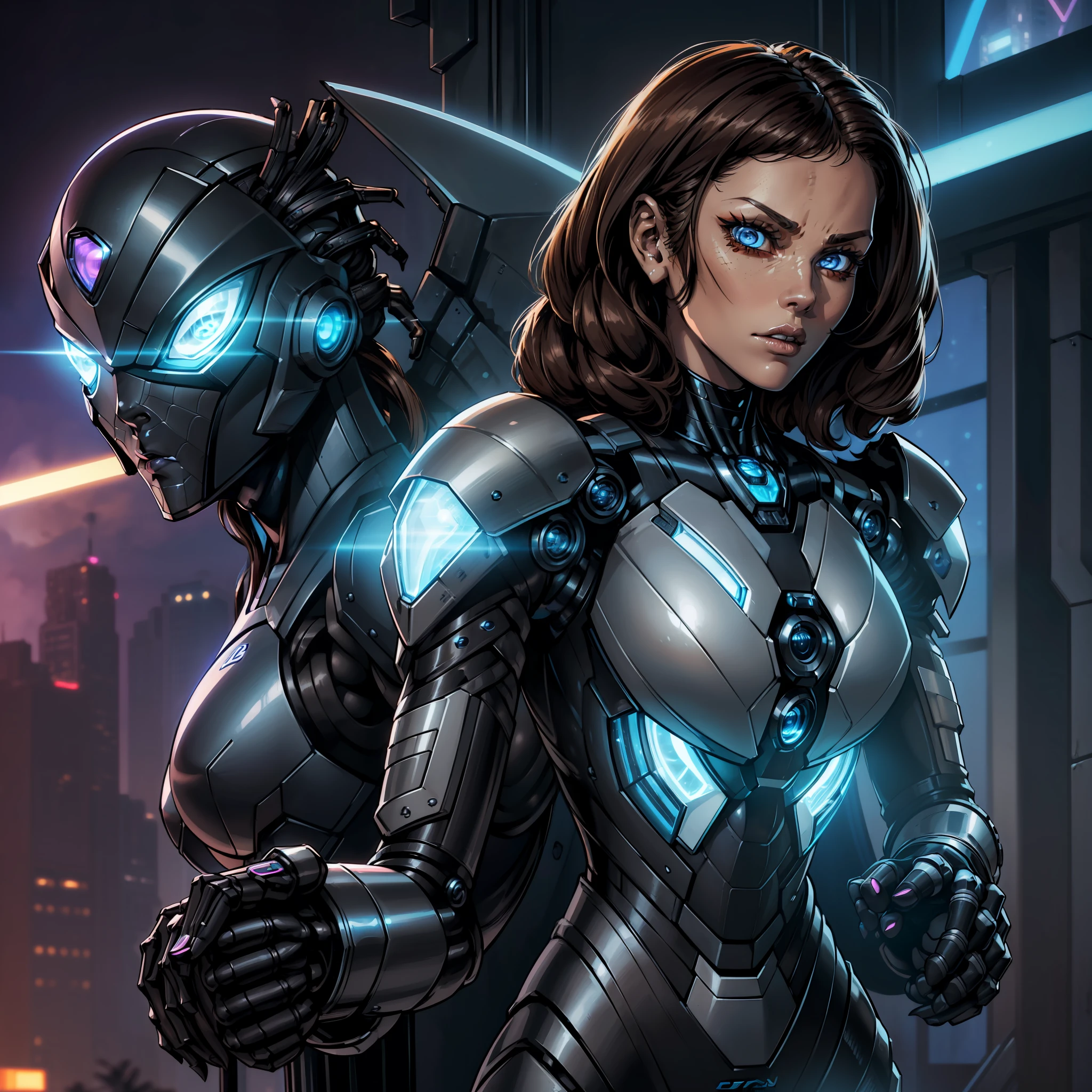 "((cool bluemetal bioarmor cyberpunk suit:1)), (full trunk), (((intricate details)), full torso shot, (female:2.0), cold lighting, dark theme :: closeup face focus, debauched face, :: Lesley-ann Brandt's face, (medium black hair), :: round iris, ((blue eyes))), perfect, intricate, complex eyes, Helios 44-2, (((brunette skin)), (((spider cybernetic paws on the back of the suit)))), ((cybertech spider helmet)), :: ultra realistic futuristic cyberpunk athletic woman, dynamic pose, ((dark cyberpunk background)), (neon lights), :: natural lighting, detailed background :: bokeh :: 8k :: best quality :: masterpiece :: insanely detailed:1.5"
