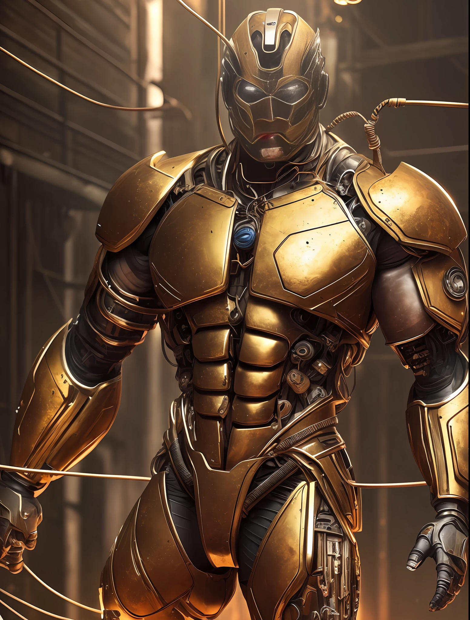 (Very attractive) muscular cyborg older man with a (model face), chisled features, exposed wires, gold oil leaking from rusty wires, lights, extremely asthetically chiseled physique, old destress metal, huge Crotch bulge, --auto --s2