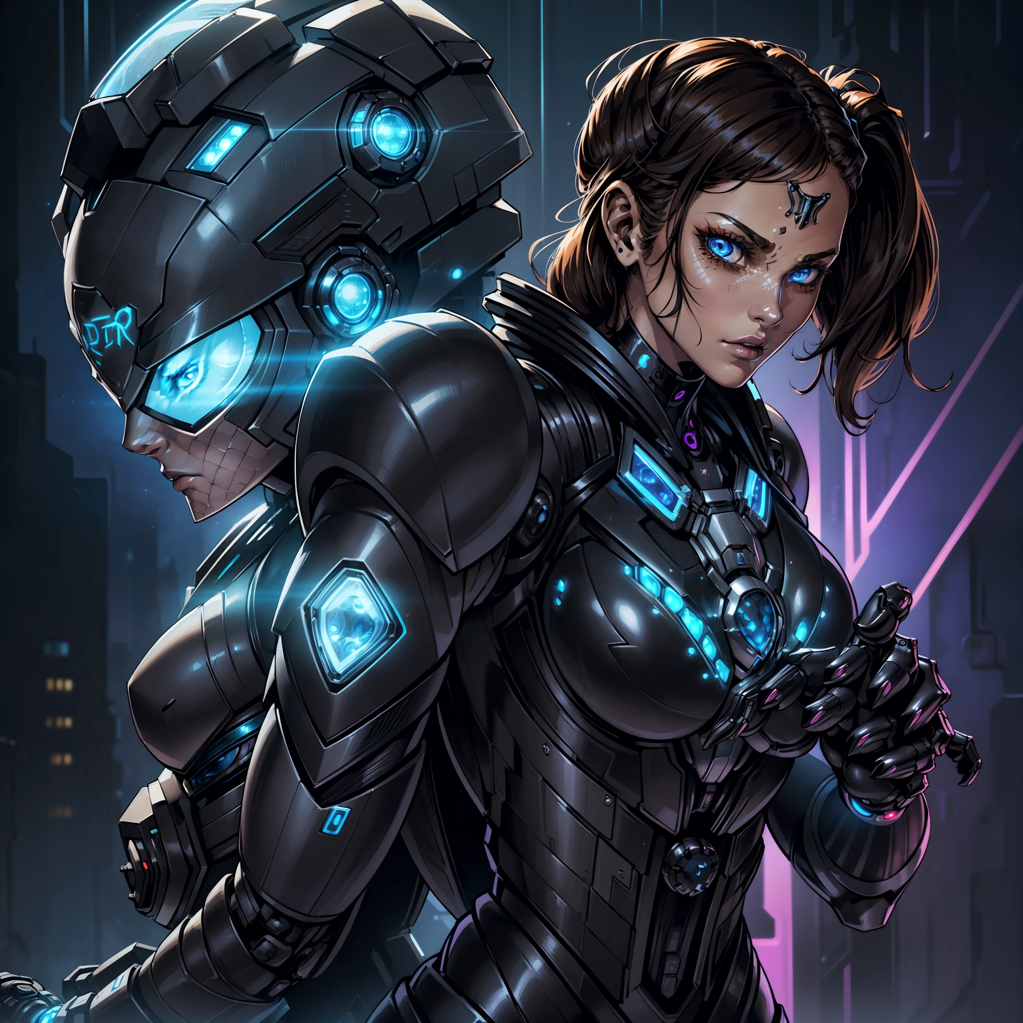 "((cool bluemetal bioarmor cyberpunk suit:1)), (full trunk), (((intricate details)), full torso shot, (female:2.0), cold lighting, dark theme :: closeup face focus, debauched face, :: Lesley-ann Brandt's face, (medium black hair), :: round iris, ((blue eyes))), perfect, intricate, complex eyes, Helios 44-2, (((brunette skin)), (((spider cybernetic paws on the back of the suit)))), ((cybertech spider helmet)),  :: ultra realistic futuristic cyberpunk athletic woman, dynamic pose, ((dark cyberpunk background)), (neon lights), :: natural lighting, detailed background :: bokeh :: 8k :: best quality :: masterpiece :: insanely detailed:1.5"