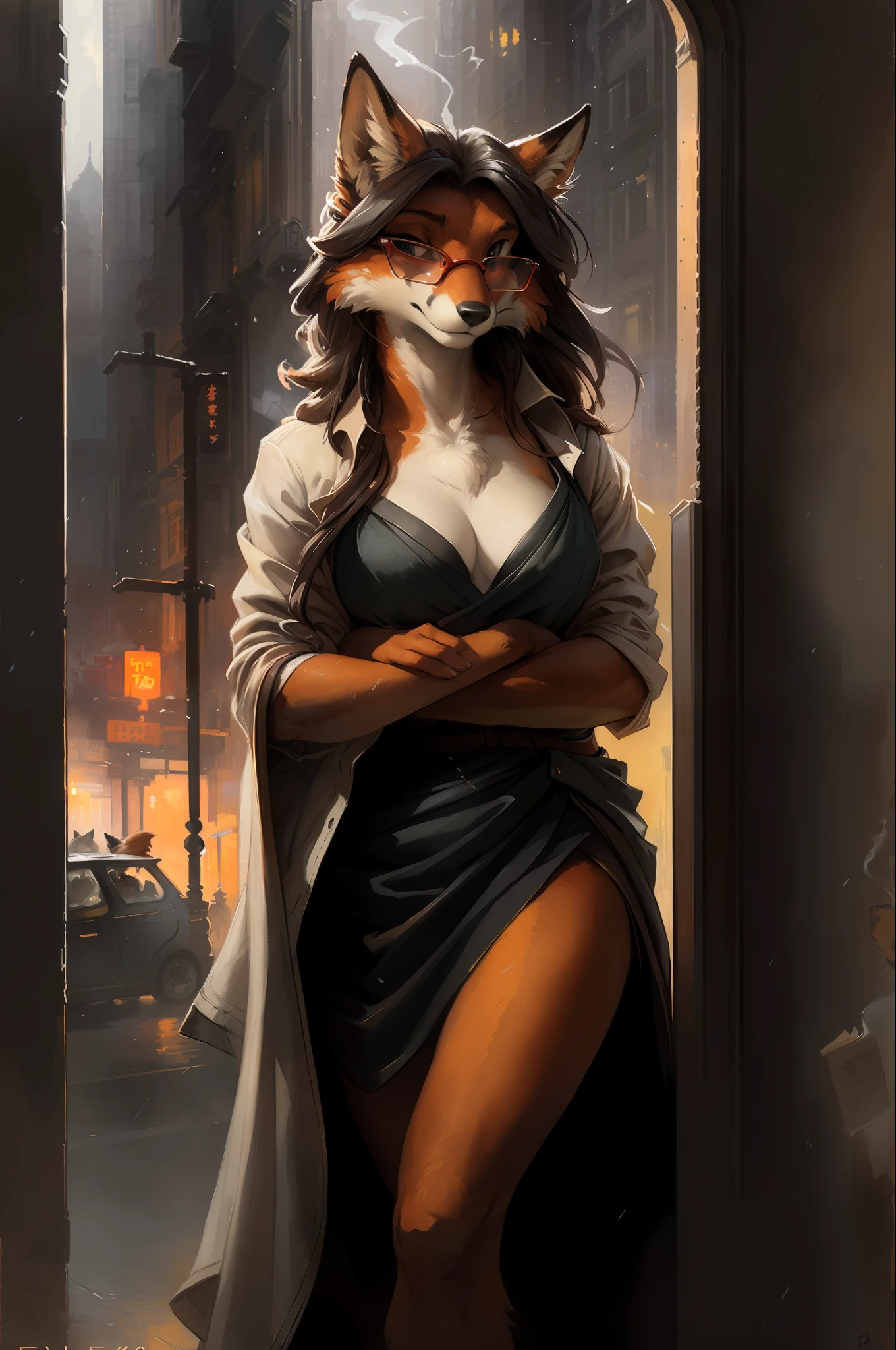fox girl, big chest, day, sexy, sensual, detailed, uploaded to e621, beautiful and detailed portrait of an anthropomorphic vixen ((woman))) kenket, ross tran, ruan jia, uploaded to e621, zaush, foxovh, film lighting, dressed as private investigator, red glasses, smoking, city, noir, black and white, rain, long hair, night