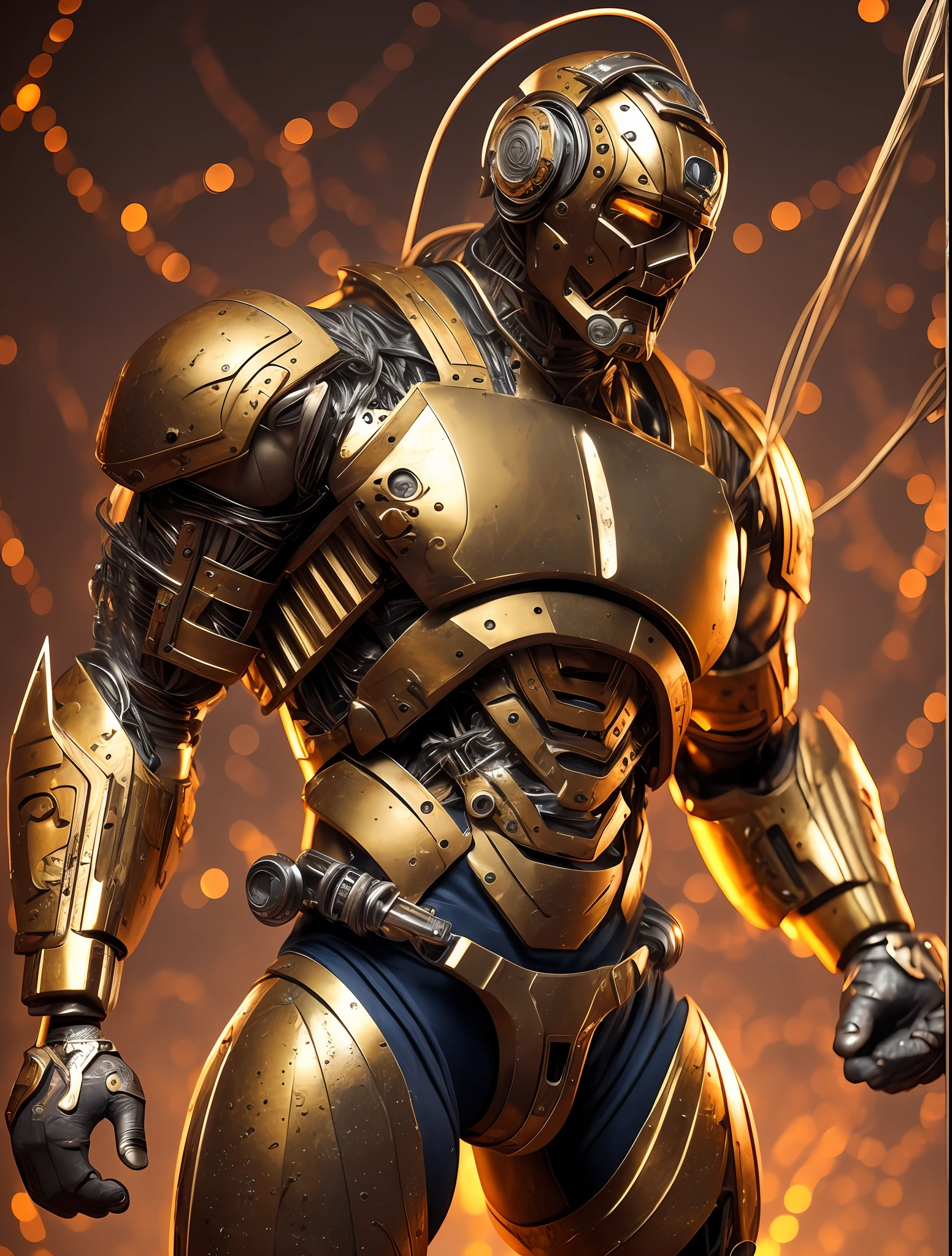 (Very attractive) muscular cyborg older man with a (chisled model face), chisled features, exposed wires, gold oil leaking from rusty wires, lights, extremely asthetically chiseled physique, old destress metal, full quarter body shot, huge Crotch bulge, --auto --s2