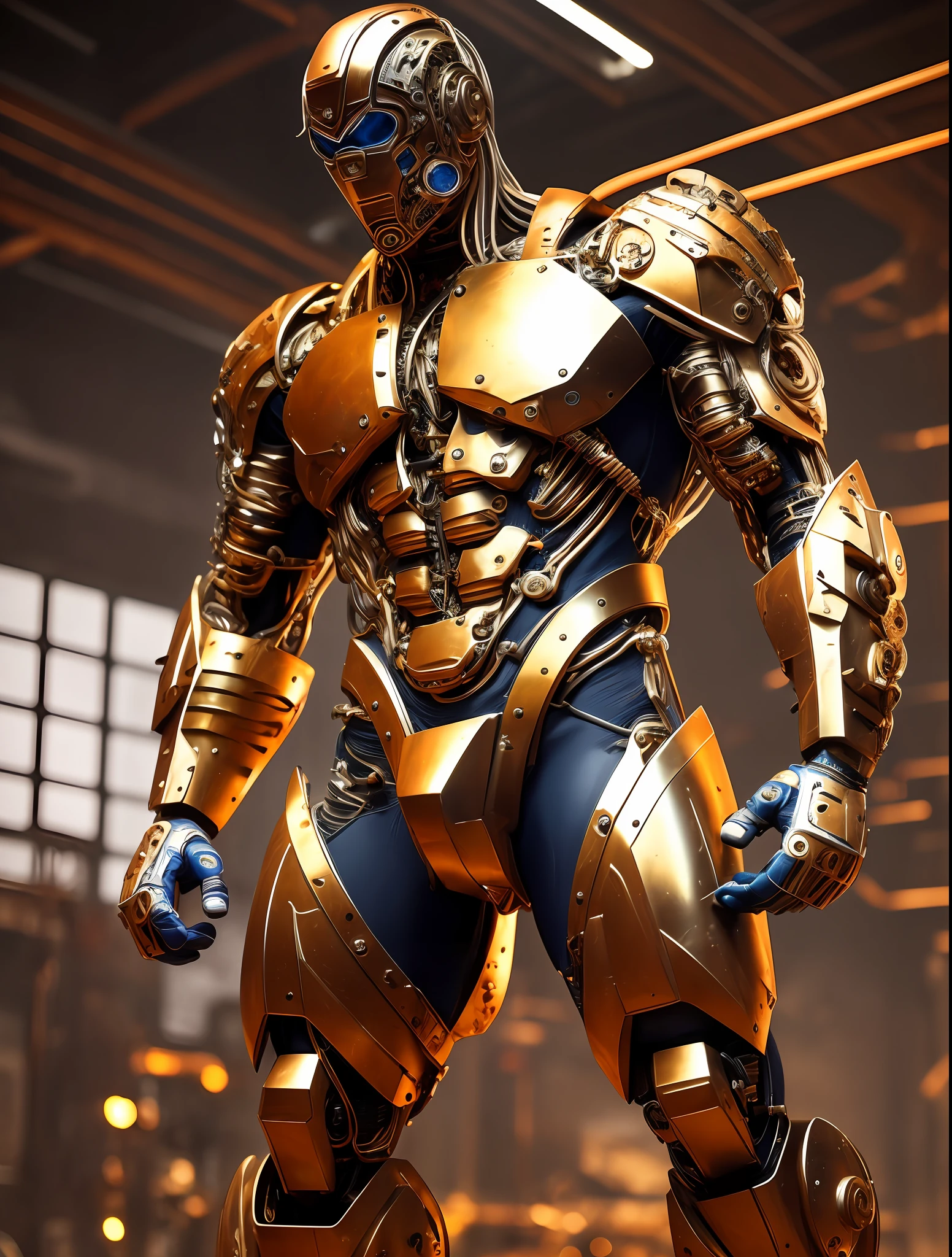 (Very attractive) muscular cyborg older man with a (chisled model face), chisled features, exposed wires, gold oil leaking from rusty wires, lights, extremely asthetically chiseled physique, old destress metal, full body shot, huge Crotch bulge, --auto --s2