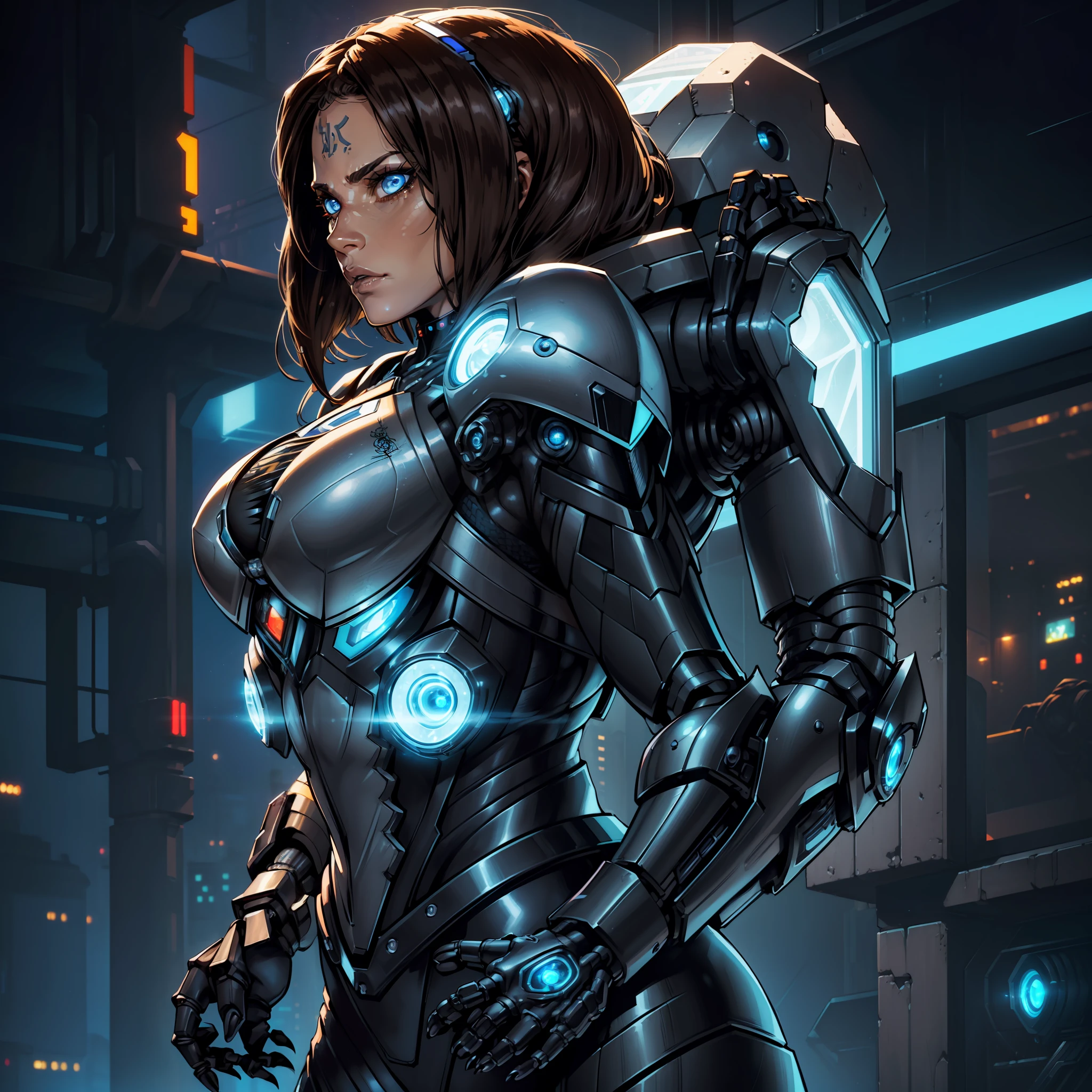 "((cool bluemetal bioarmor cyberpunk suit:1)), (full trunk), (((intricate details)), full torso shot, (female:2.0), cold lighting, dark theme :: closeup face focus, debauched face, :: Lesley-ann Brandt's face, (medium black hair), :: round iris, ((blue eyes))), perfect, intricate, complex eyes, Helios 44-2, (((brunette skin)), (((spider cybernetic paws on the back of the suit)))), ((cybertech spider helmet)), :: ultra realistic futuristic cyberpunk athletic woman, dynamic pose, ((dark cyberpunk background)), (neon lights), :: natural lighting, detailed background :: bokeh :: 8k :: best quality :: masterpiece :: insanely detailed:1.5"