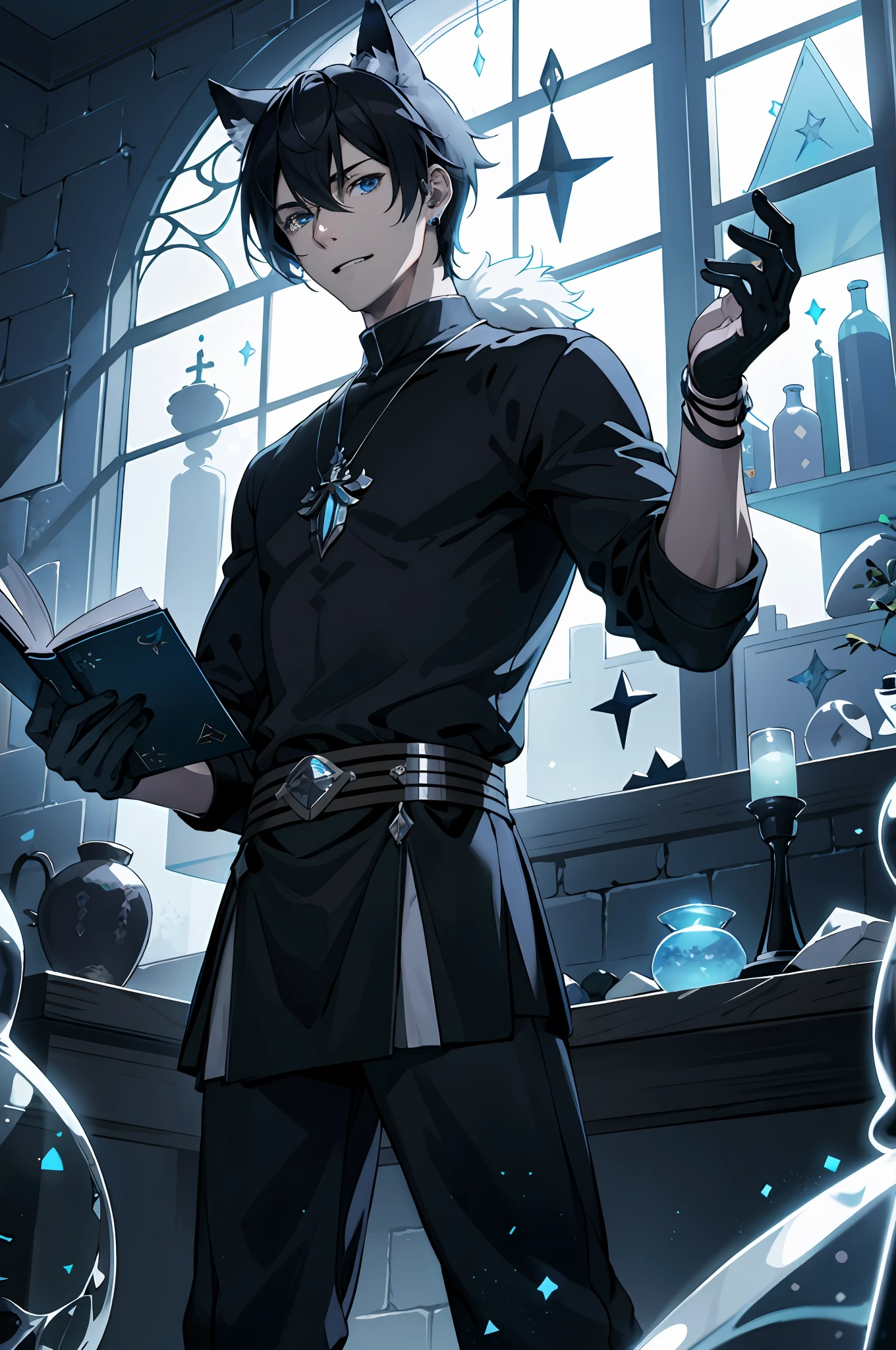 ((Masterpiece)), Best Quality, ((1 man)), ((solo)), adult, tall, muscular, handsome, inflated abs, ((black blue hair, blue eyes)), medium hair length, hands in pockets, bangs to the eyes, tousled hair, cold look, (fair skin), bruises under the eyes, wolf ears, ((wolf fluffy tail)), sharp fangs, deep neckline on the chest, ((finely detailed eyes: 1.3)), ear piercings, (intricate details), wizard, spell book with a variety of spells, potion bottles with various ingredients, (details on clothes:1.2), HD, 8K, ancient magic laboratory, detailed background, ((silver jewelry)), dark room, ((pale colors)), full-length, white lily flowers, stroke drawing, ((solo)), stone walls, many books, potions, alchemical bottles, ((pastel colors, soft transition of shades)), delicate tones, sitting on the windowsill, ((black elegant clothes: 1.3)), (black sweatshirt), ((perfect fingers)), silver rings, (((perfect anatomy))), Ray Tracing, NVIDIA RTX, Super-Resolution, Unreal 5, Subsurface Scattering, PBR Texturing, Post-Processing, Anisotropic Filtering, Depth-Of-Field ,Maximum Clarity And Sharpness, Multi-Layered Textures, Albedo And Specular Maps, Surface Shading, Accurate Simulation Of Light-Material Interaction, Octane Render, Two-Tone Lighting, Low ISO, White Balance, Rule Of Thirds, Wide Aperture, 8K RAW, Efficient Sub-Pixel, Sub-Pixel Convolution, (Luminescent Particles:1.4), {{Masterpiece, Best Quality, Extremely Detailed CG, Unity 8k Wallpaper, 3D, Cinematic Lighting, Lens Flare}},