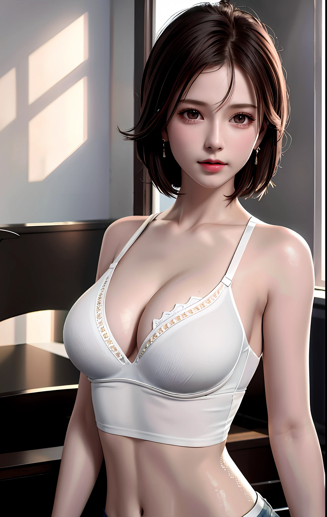 best quality, masterpiece, high_res, 1 girl, beautiful face, photo realistic, edge lighting, (high detail skin:1.2), 8K ultra hd, dslr camera, high quality, high resolution, 8K, bokeh, big breasts, absurd, best ratio Four fingers and one finger, wet shirt, wet body, no bra, (reality: 1.2), white t-shirt, dimly lit, backlit, dark, highly detailed, short hair, sweet, bare breasts, fine bra