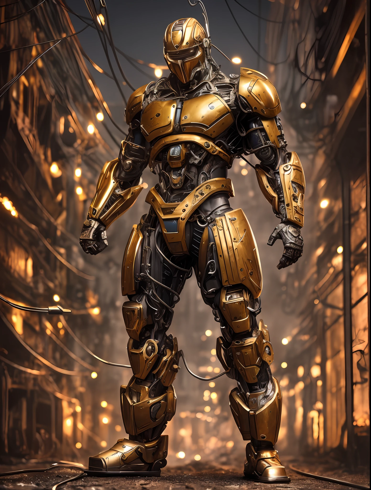 (Very attractive) muscular cyborg older man with a (model face), chisled features, exposed wires, gold oil leaking from rusty wires, lights, extremely asthetically chiseled physique, old destress metal, full body view, huge Crotch bulge, --auto --s2