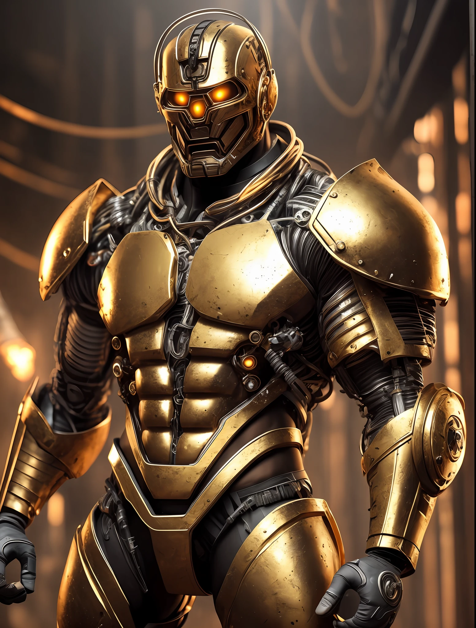 (Very attractive) muscular cyborg older man with a (chisled model face), chisled features, exposed wires, gold oil leaking from rusty wires, lights, extremely asthetically chiseled physique, old destress metal, full body shot, huge Crotch bulge, --auto --s2