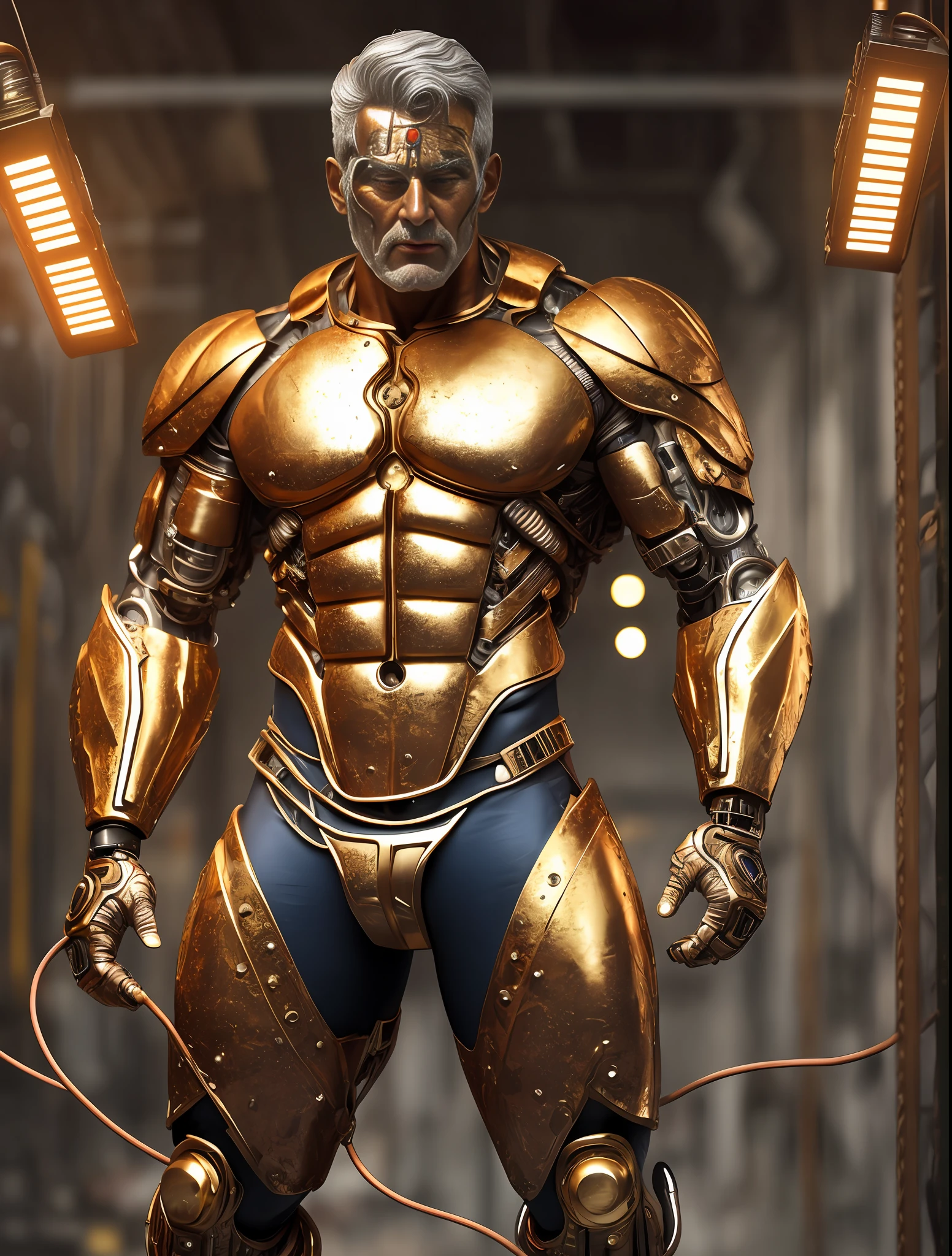 (Very attractive) muscular cyborg older man with a (chisled model face), chisled features, exposed wires, gold oil leaking from rusty wires, lights, extremely asthetically chiseled physique, old destress metal, full body shot, huge Crotch bulge, --auto --s2
