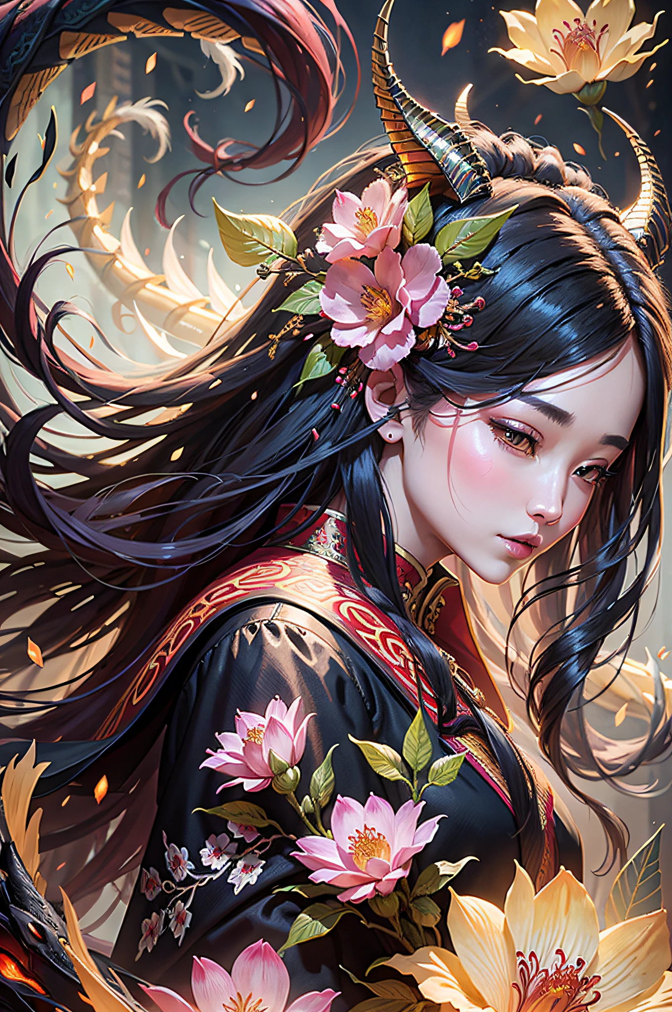 surrounded by Chinese dragon, girl, long hair, glowing, team, flowers, monarch, Long coat, dynamic, masterpiece, best quality, delicate details, hyper details, digital painting