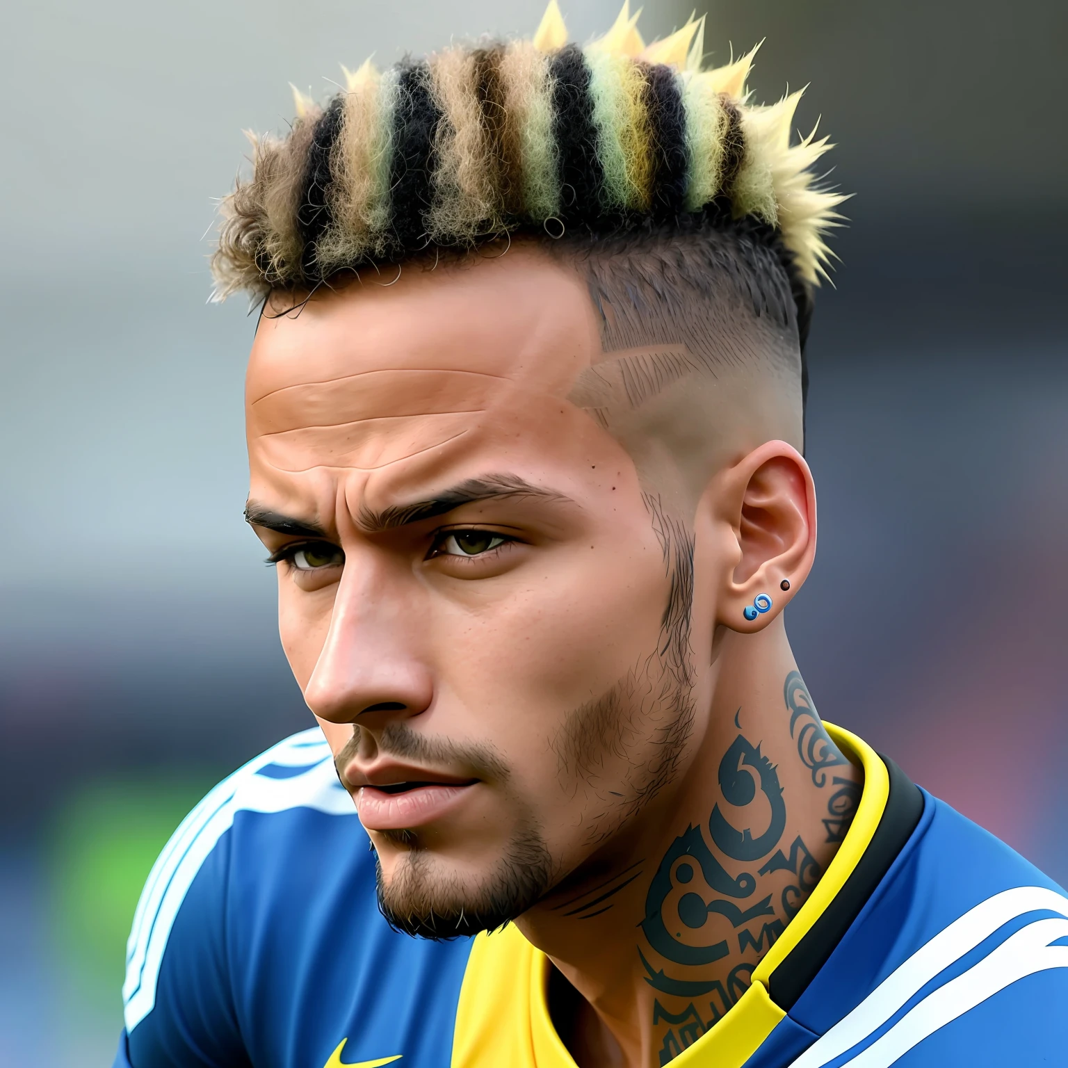 a close up of a soccer player with a mohawk on his head, a picture inspired by Jules Tavernier, trending on dribble, les nabis, neymar jr, neymar, neymar in fortnite, neymar in gta v, he is 3 , trending photo, 2023, 2 0 2 3, cr3