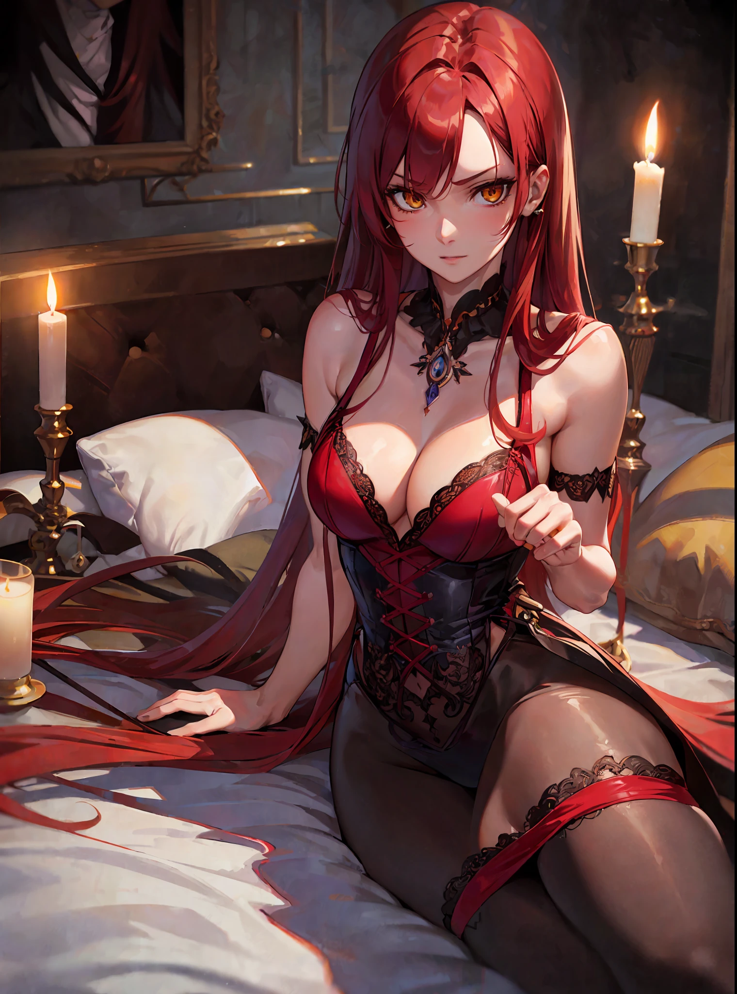 (masterpiece, best quality) an adult woman with very long red hair, purple lingerie, , long stockings, semi naked, sexy, queen, yellow eyes, serious, emotionless, bed, sensual posture, straight bangs, very long red hair, evil, (yellow eyes), gothic, dark room, (candles), medium chest, head-to-waist portrait, cinematics, color oil painting, film lighting, extremely detailed face, finely detailed face, beautiful face, beautiful eyes, perfect lighting, depth of field, (realistic proportions), (good anatomy)