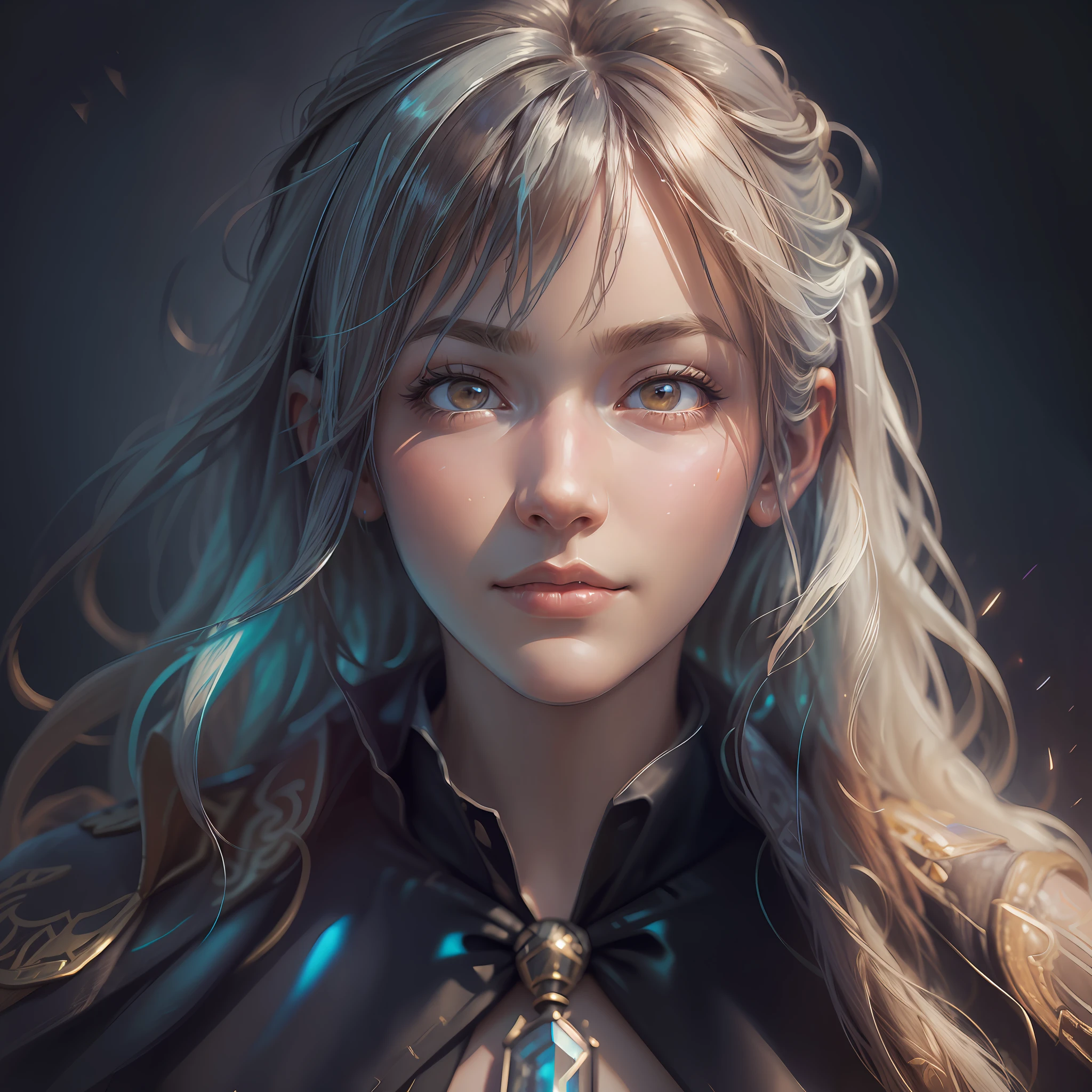 Hyperrealist portrait of female by david hockney and alphonse mucha,fantasy art, photo realistic, dynamic lighting, artstation, poster, volumetric lighting, very detailed faces, 4 k, award winning,, 1girl, in the dark, deep shadow, low key,cowboy shot,(official clothing:1.4) ,long hair,white hair, --auto --s2