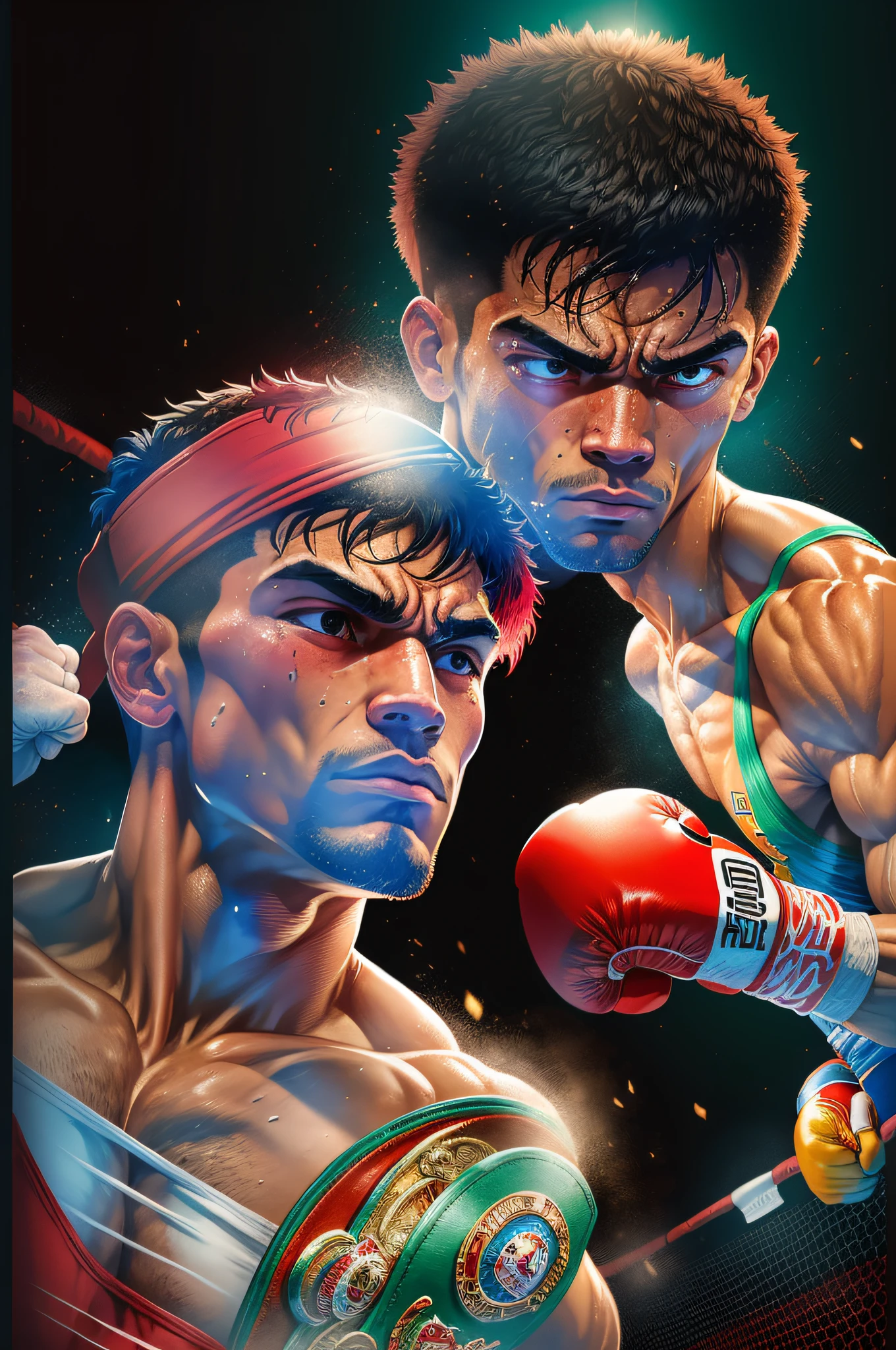 two boxers, fight, boxer, championship, world title, SeaArt, art, illustration, sports, combat, ring, gloves, punches, training, determination, intensity, victory, competition --auto --s2