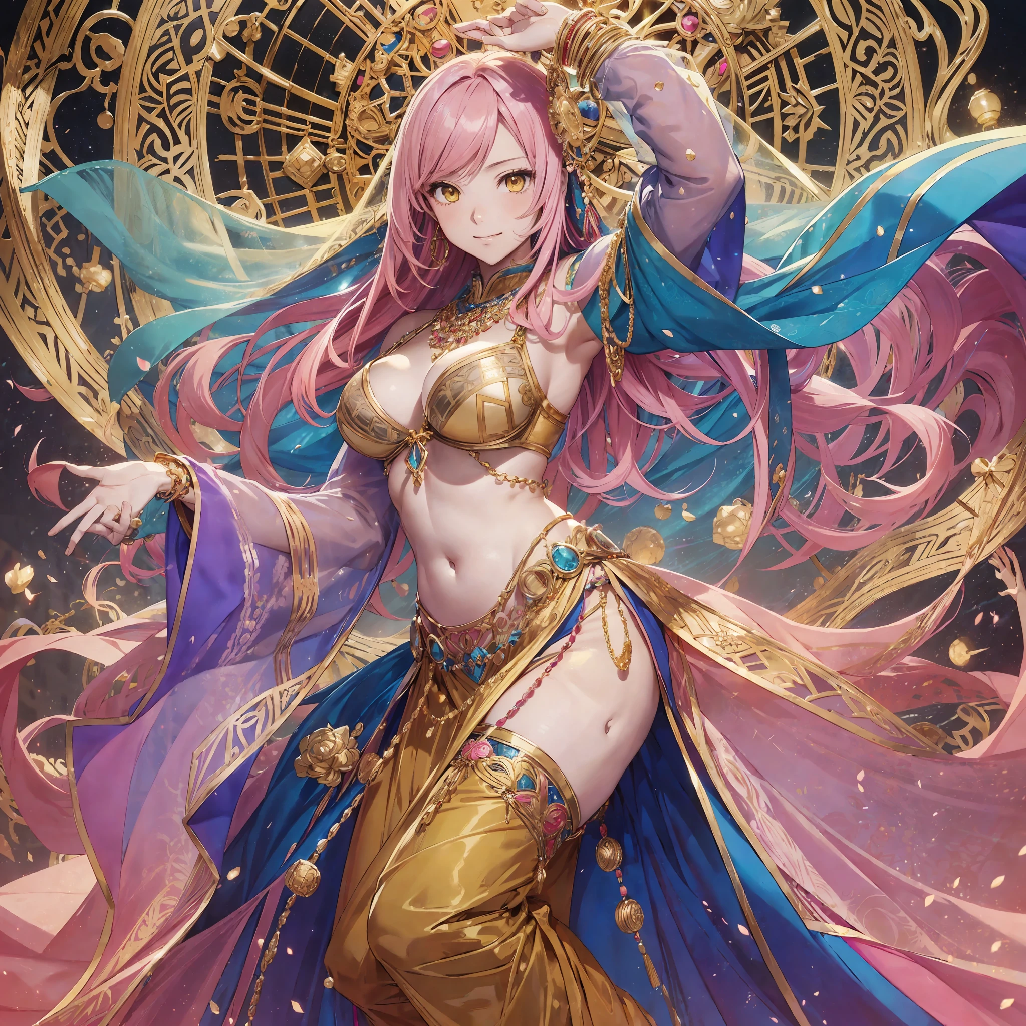 ((solo character, Japanese anime art style, colorful Japanese manga, vibrant colors,lineart, masterpiece, best quality, full body, beautiful hands, sexy pose, belly dance pose)), skinny anime girl dancing, ((pink hair, long hair, long bangs, yellow eyes, fair skin)), smiling and flushed face, medium breasts, ((colorful shawl, veils, transparent long sleeves over hands, exposed stomach, colored pants)), multiple gold bracelets with jewels, several gold earrings with jewels, various gold hair ornaments with jewels, various gold chain hair ornaments and jewelry, gold shoes with jewels, ((colored bra with jewels)) --auto --s2