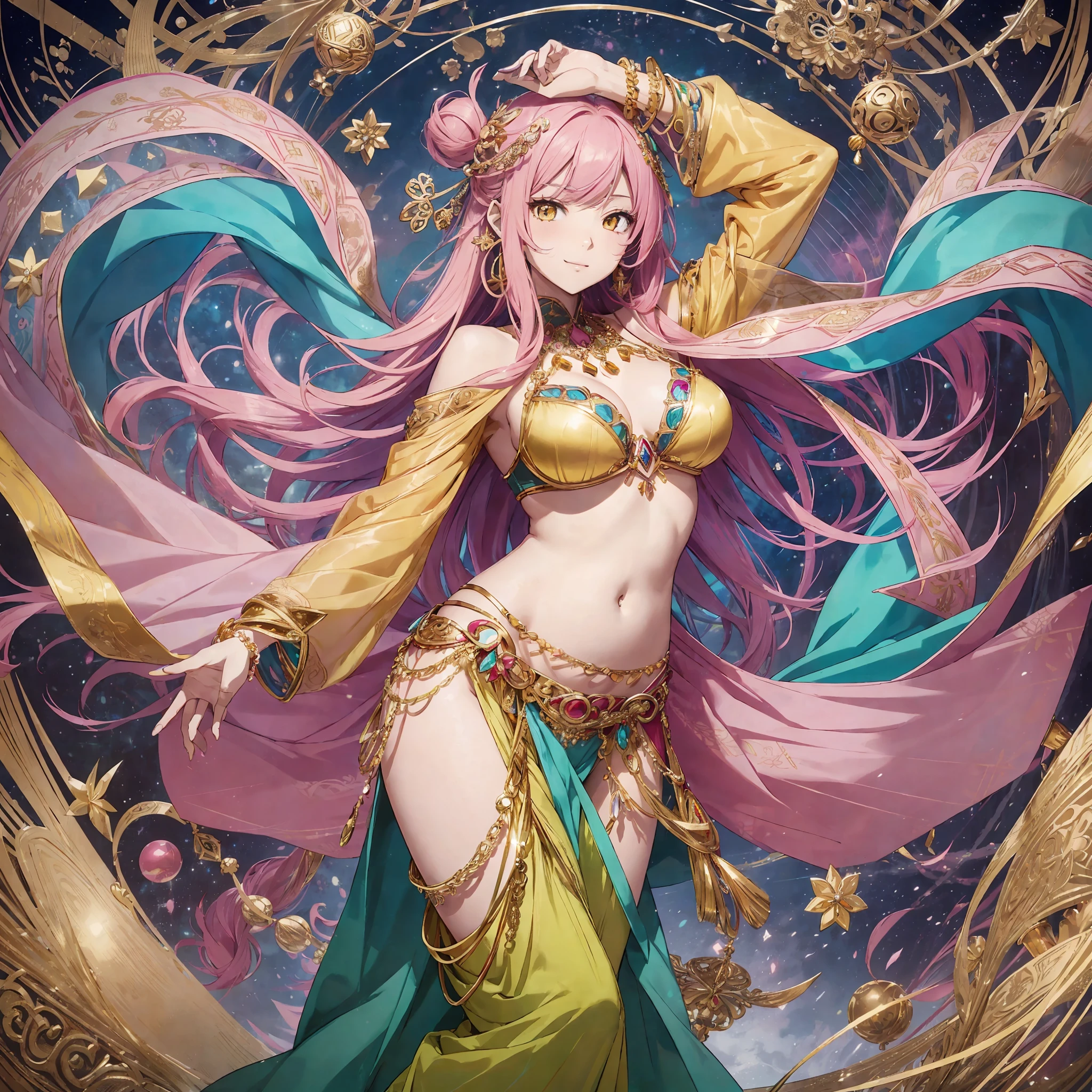 ((solo character, Japanese anime art style, colorful Japanese manga, vibrant colors,lineart, masterpiece, best quality, full body, beautiful hands, sexy pose, belly dance pose)), skinny anime girl dancing, ((pink hair, long hair, long bangs, yellow eyes, fair skin)), smiling and flushed face, medium breasts, ((colorful shawl, veils, transparent long sleeves over hands, exposed stomach, colored pants)), multiple gold bracelets with jewels, several gold earrings with jewels, various gold hair ornaments with jewels, various gold chain hair ornaments and jewelry, gold shoes with jewels, ((colored bra with jewels)) --auto --s2