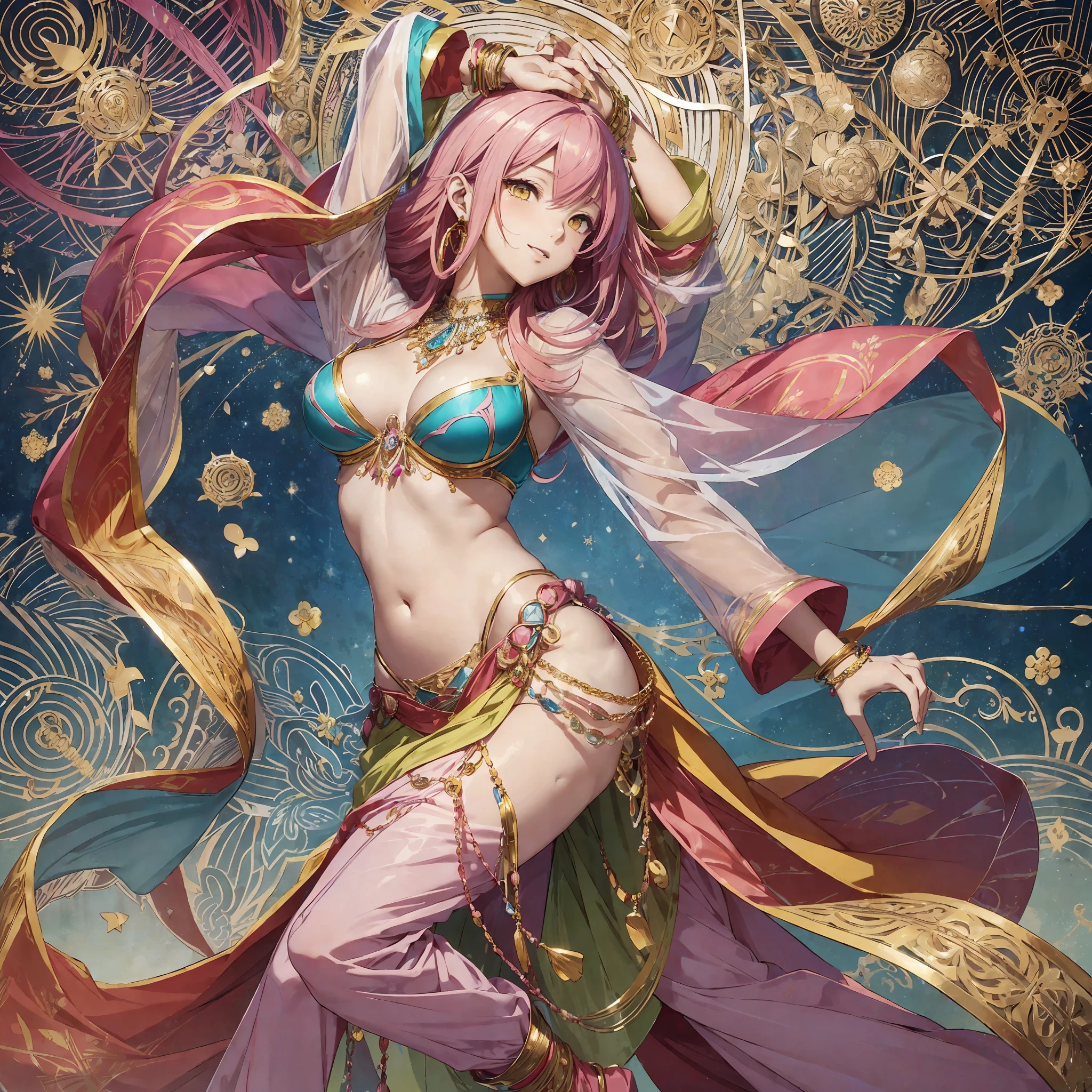 ((solo character, Japanese anime art style, colorful Japanese manga, vibrant colors,lineart, masterpiece, best quality, full body, beautiful hands, sexy pose, belly dance pose)), skinny anime girl dancing, ((pink hair, long hair, long bangs, yellow eyes, fair skin)), smiling and flushed face, medium breasts, ((colorful shawl, veils, transparent long sleeves over hands, exposed stomach, colored pants)), multiple gold bracelets with jewels, several gold earrings with jewels, various gold hair ornaments with jewels, various gold chain hair ornaments and jewelry, gold shoes with jewels, ((colored bra with jewels)) --auto --s2