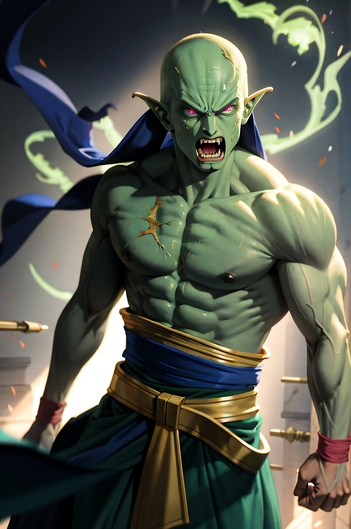 Piccolo, angry, battle damage, blue sash, clenched teeth, furious, green eyes, male focus, muscular, muscular male, pectorals, sash, teeth, topless male, torn clothes, wristband, ((masterpiece))