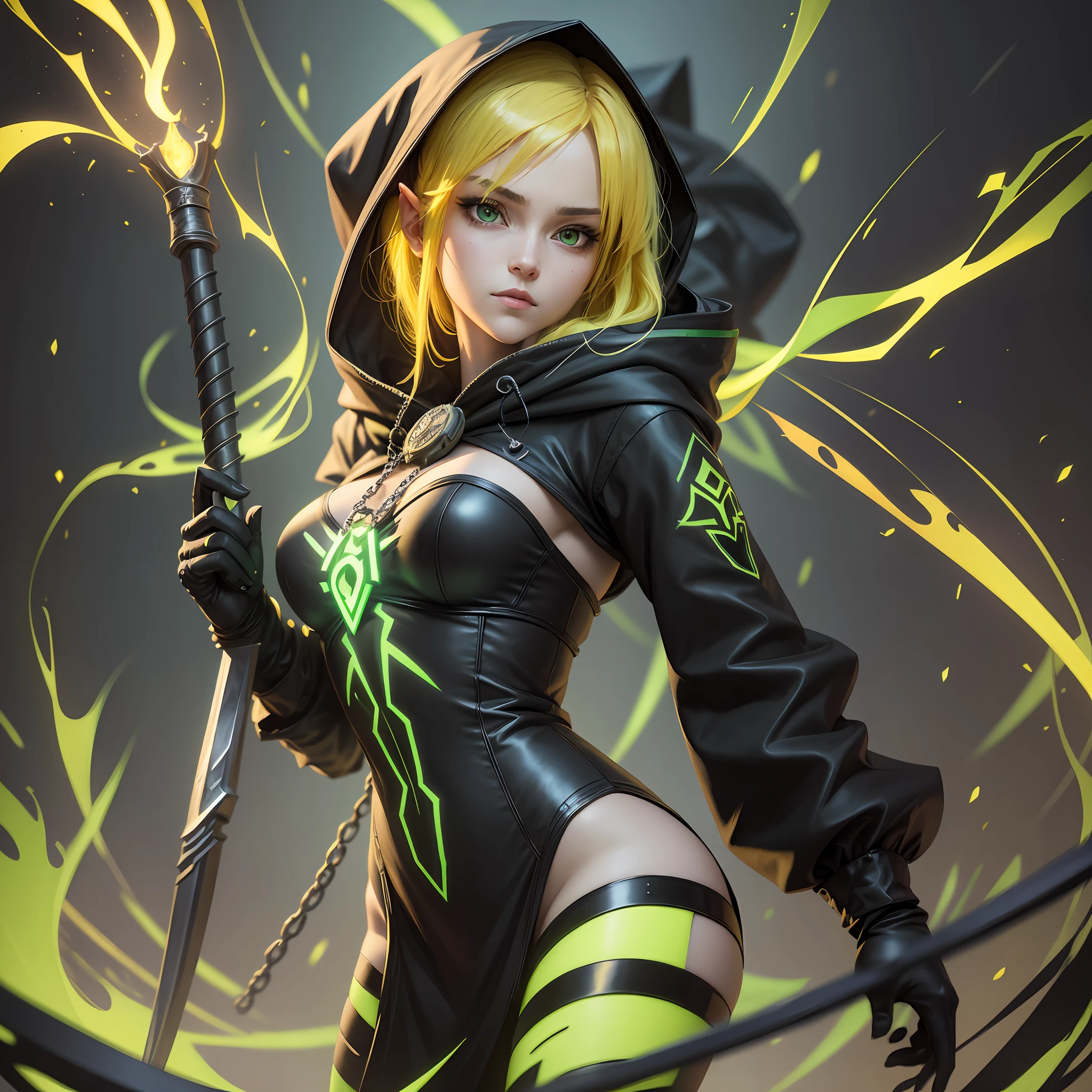 A full-body shot of Princess Zelda, yellow hair, yellow eyes, dressed as a Trudy from the matrix in black+neon green with a black mask and hood with green details, XL bust, holding a flaming Kunai attached to a chain. Background: Cybercity created in the Matrix at night. Unreal Engine 5, Anime, Anime style, Masterpiece, Well drawn eyes, well drawn face, well detailed eyes, well detailed face, 8k, light and shadow effect. --auto --s2