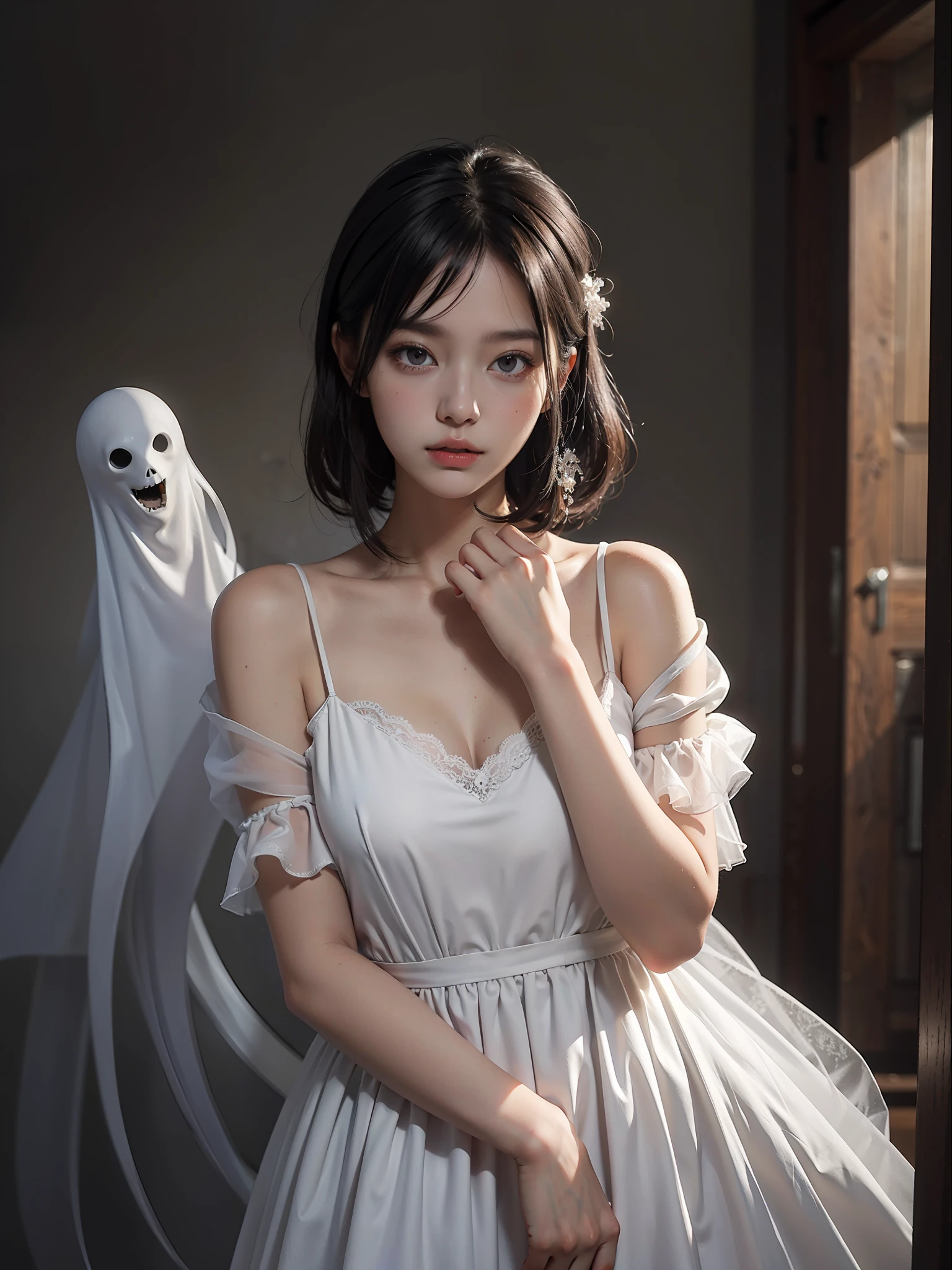 best quality, masterpiece, ultra high res, ilustration, a ghost of a girl, dark eyes, white dress, short black hair