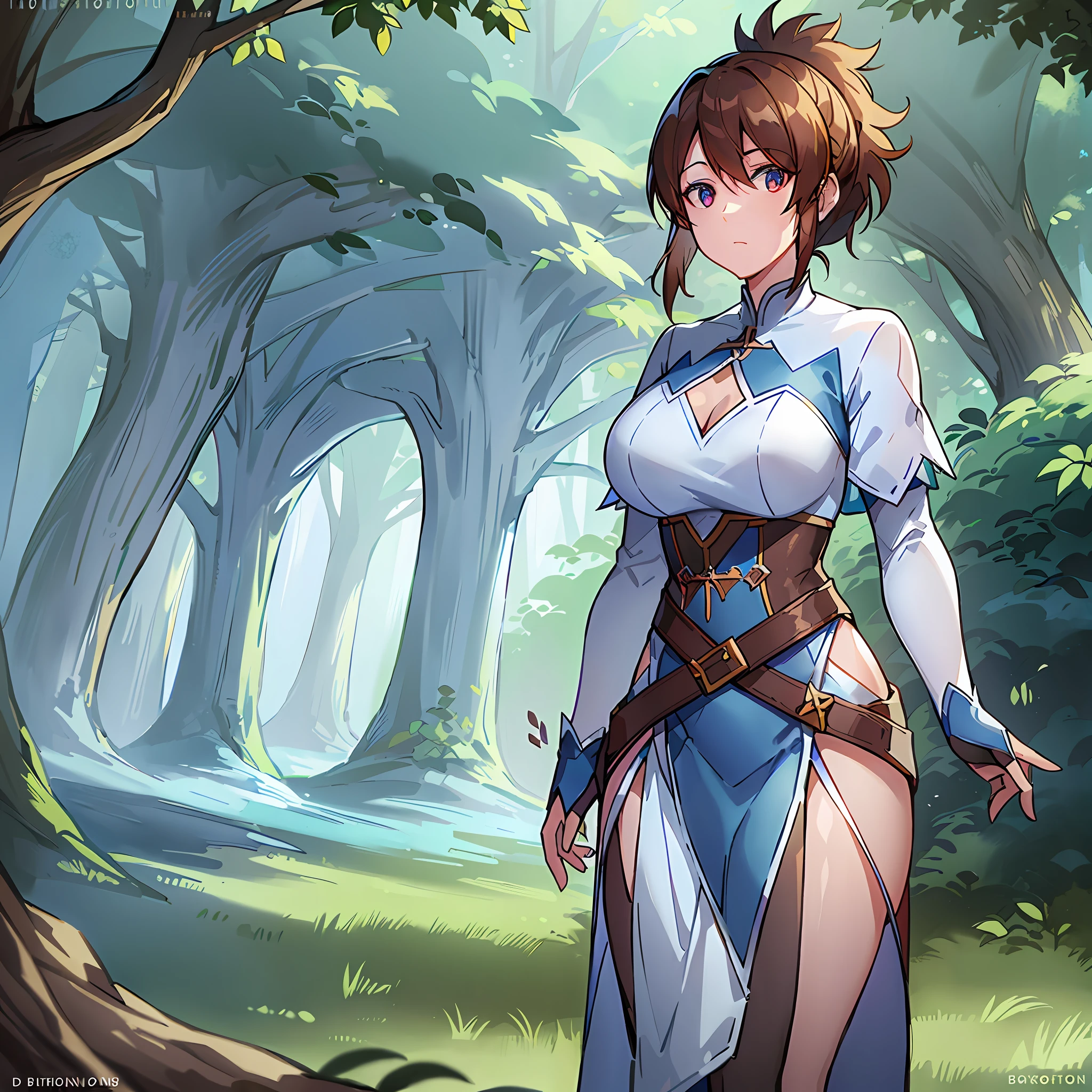 a woman, forest, blue sleeves and white outfit,very short ponytail, brown belt, standing perfect resolution, illustration, dota dragon's blood style