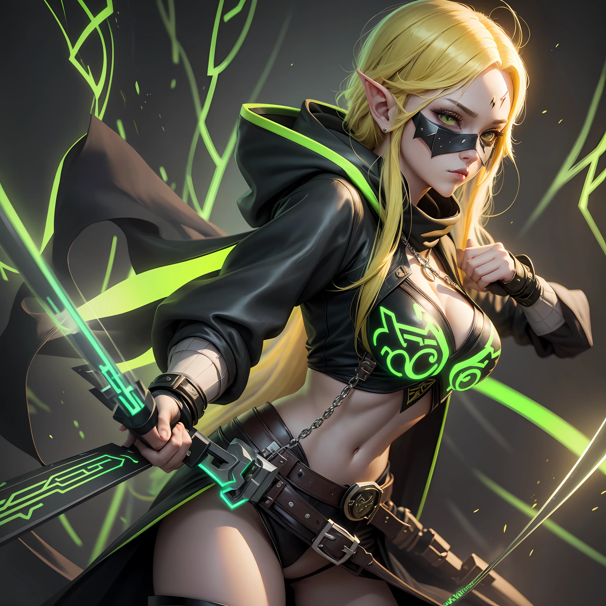 A full-body shot of Princess Zelda, yellow hair, yellow eyes, dressed as a Trudy from the matrix in black+neon green with a black mask and hood with green details, XL bust, holding a flaming Kunai attached to a chain. Background: Cybercity created in the Matrix at night. Unreal Engine 5, Anime, Anime style, Masterpiece, Well drawn eyes, well drawn face, well detailed eyes, well detailed face, 8k, light and shadow effect. --auto --s2