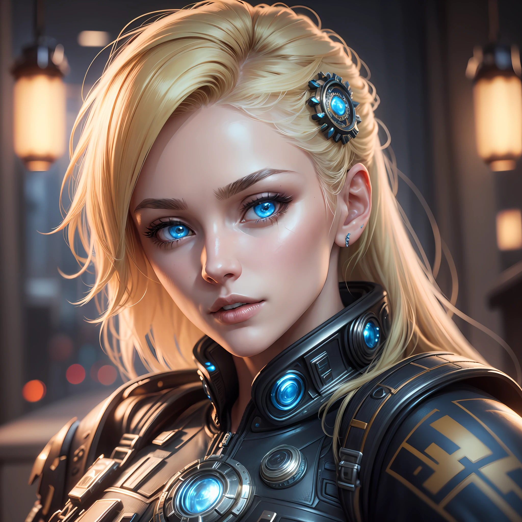 Beautiful blonde woman, ultra realistic details, global lighting, shadows, octane rendering, 8k, ultra sharp, intricate, detailed ornaments, cool colors, cyberpunk details, highly intricate details, realistic light, trends in cgs society, bright eyes, front camera, blue neon detail, gears of wars --auto --s2