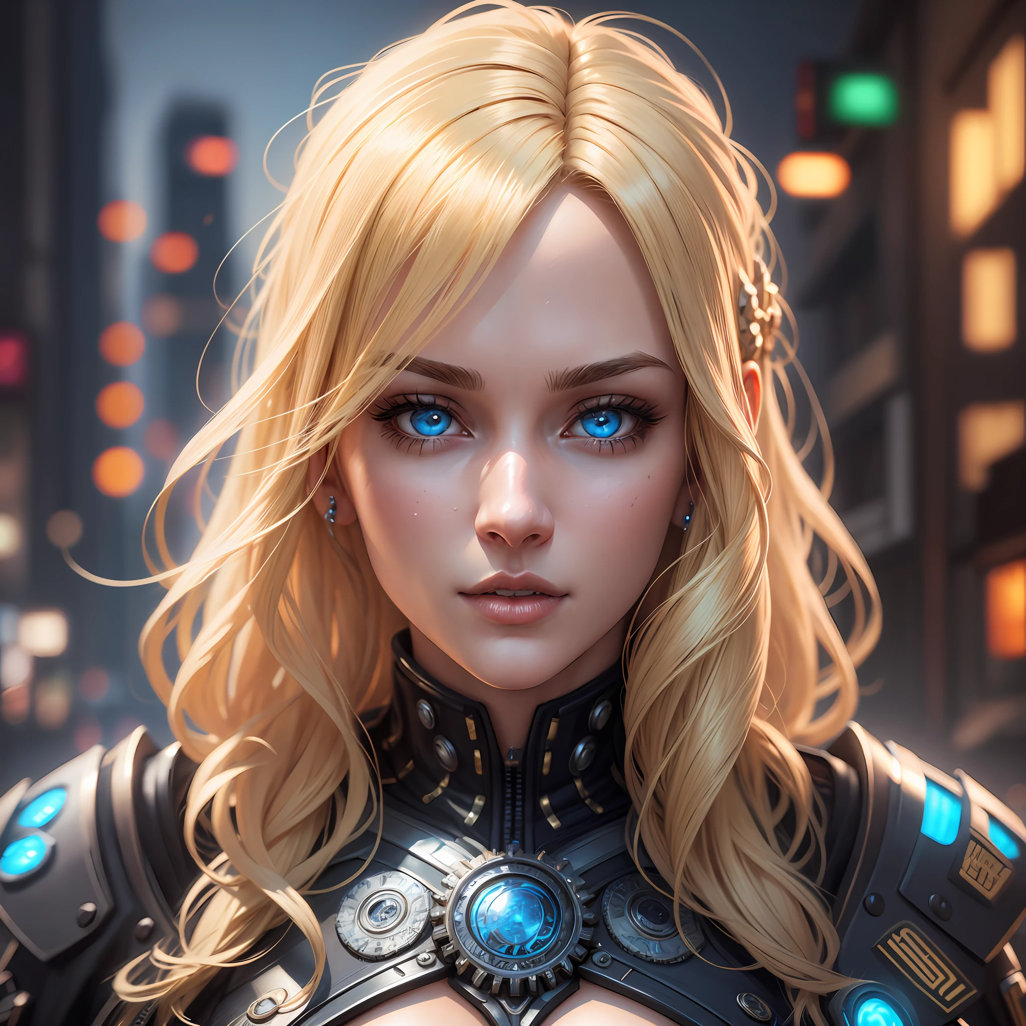 Beautiful blonde woman, ultra realistic details, global lighting, shadows, octane rendering, 8k, ultra sharp, intricate, detailed ornaments, cool colors, cyberpunk details, highly intricate details, realistic light, trends in cgs society, bright eyes, front camera, blue neon detail, gears of wars --auto --s2