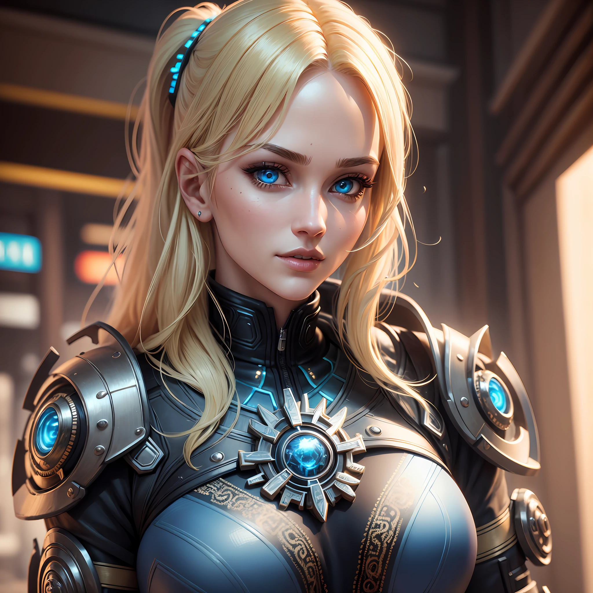 Beautiful blonde woman, ultra realistic details, global lighting, shadows, octane rendering, 8k, ultra sharp, intricate, detailed ornaments, cool colors, cyberpunk details, highly intricate details, realistic light, trends in cgs society, bright eyes, front camera, blue neon detail, gears of wars --auto --s2