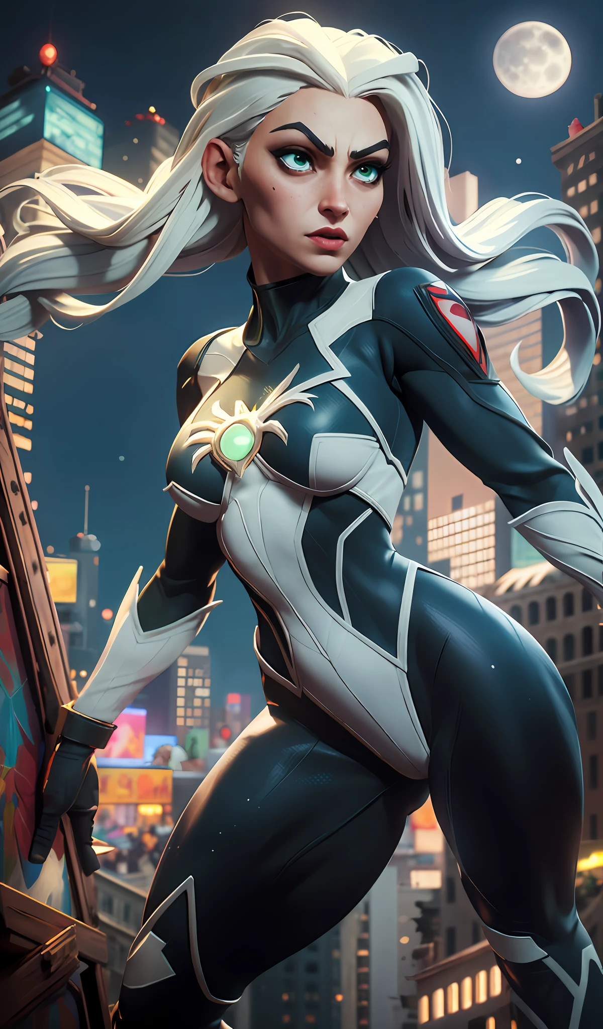 (Masterpiece, 4k resolution, ultra-realistic, very detailed), (Black superhero theme, charismatic, there's a girl on top of town, wearing Venom costume, she's a superhero), [ ((25 years), (long white hair:1.2), full body, (green eyes:1.2), ((Spider-Man pose), show of strength, jumping from one building to another), ((sandy urban environment):0.8)| (cityscape, at night, dynamic lights), (full moon))] # Explanation: The Prompt mainly describes a 4K painting of ultra-high definition, very realistic, very detailed. It shows a superheroine at the top of the city, wearing a Spider-Man costume. The theme in the painting is a venom superhero theme, the female protagonist has long white hair, is 25 years old and her entire body is shown in the painting. In terms of portraying the actions of superheroines, spiders are employed