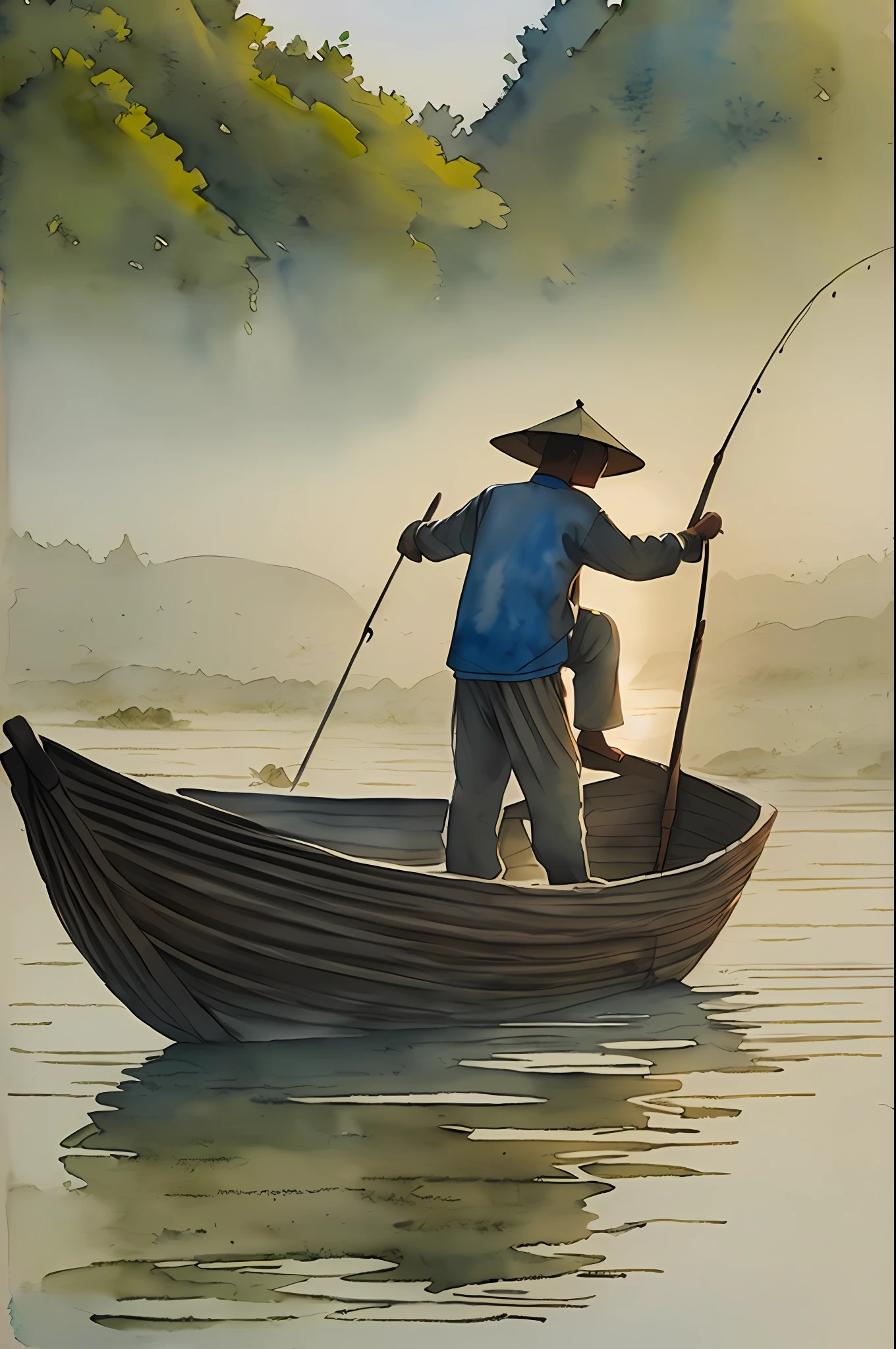 Vietnamese fisherman with net, wetlands, foggy morning, sunrise, smooth intricate high-definition drawing, beautiful lighting, dramatic pencil sketch in watercolor, polished watercolor, and ink LNF, in detail 4k, 3d, Ninh Binh Karst topography. --auto --s2