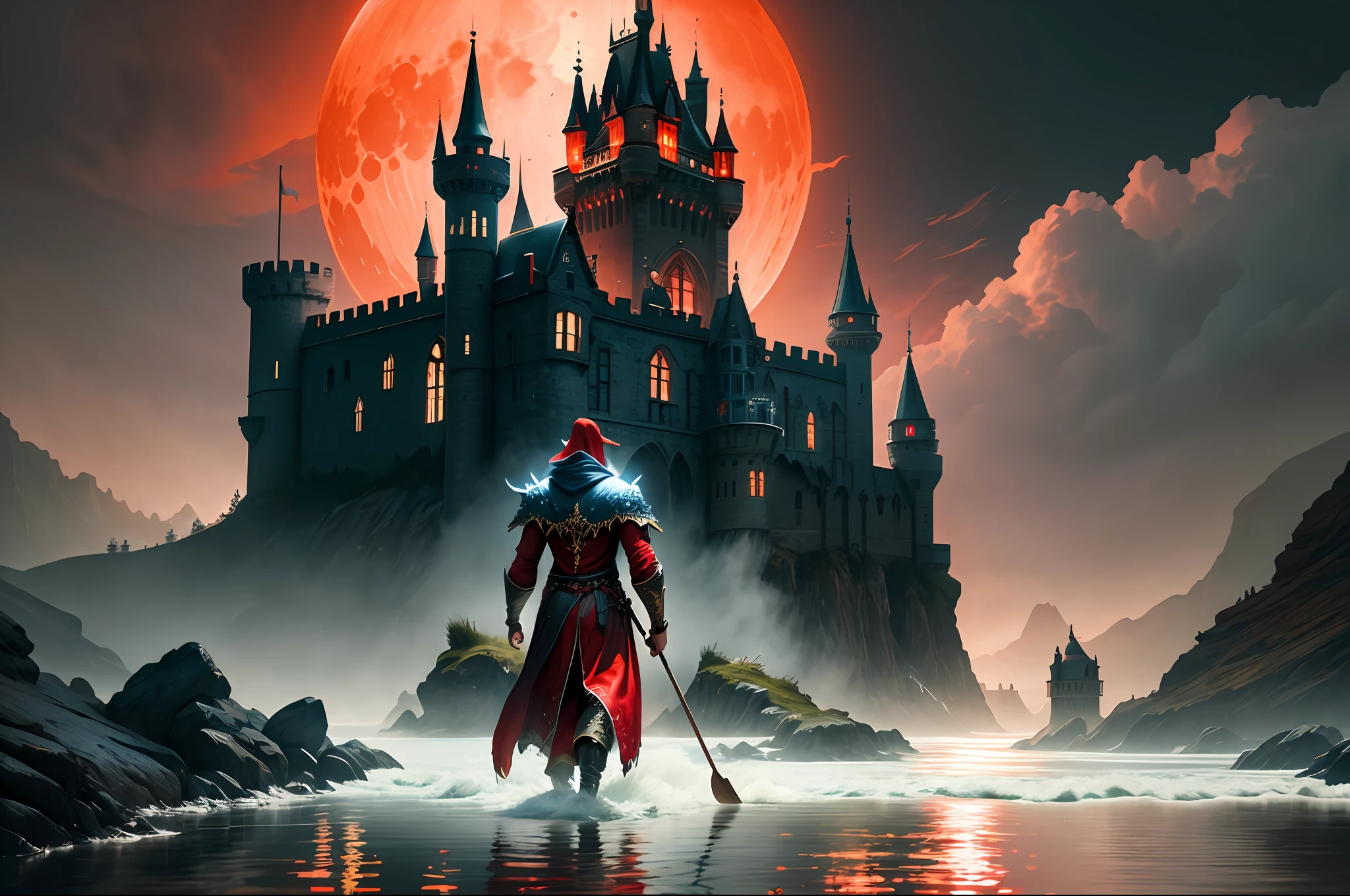 8k,wallpaper of a wicher walking in a water, castle,red moon, character focus, volumetric lighting, masterpiece, realistic, trending on artstation, highres, fantasy
