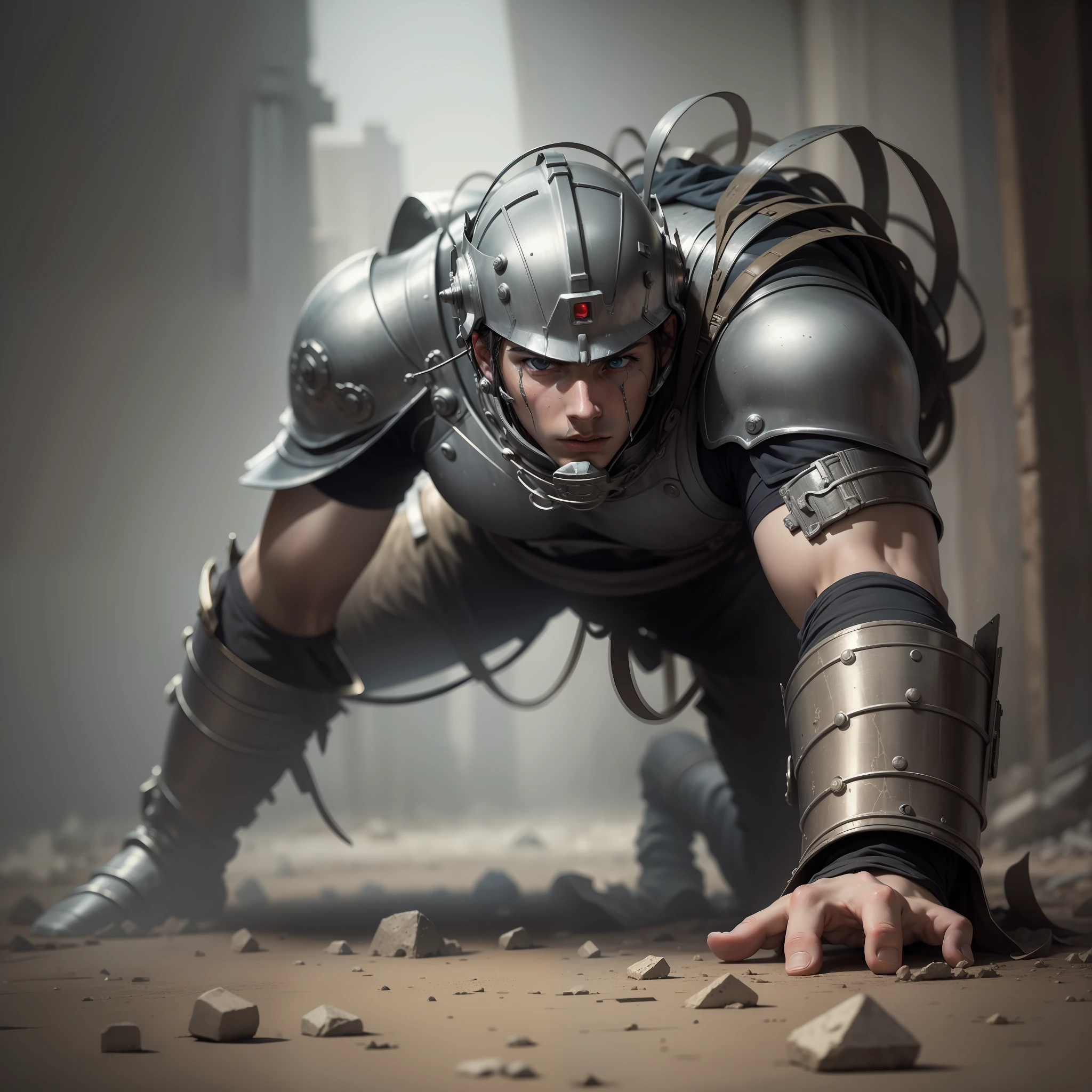 (best quality, masterpiece), hero trapped on the ground on the ground by magic, chaotic environment, gray-tonal, (better lighting, intense lighting)