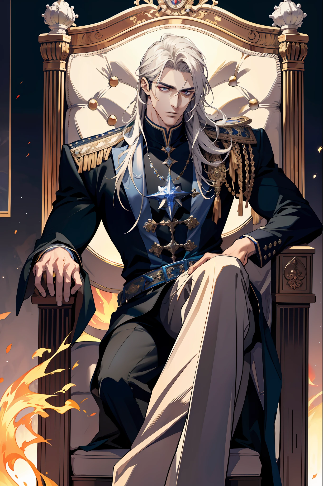 (absurdres, highres, ultra detailed), 1 male, adult, handsome, tall muscular guy, broad shoulders, finely detailed eyes and detailed face, long hair, fantasy, magnificent background, throne, magic effect, flame