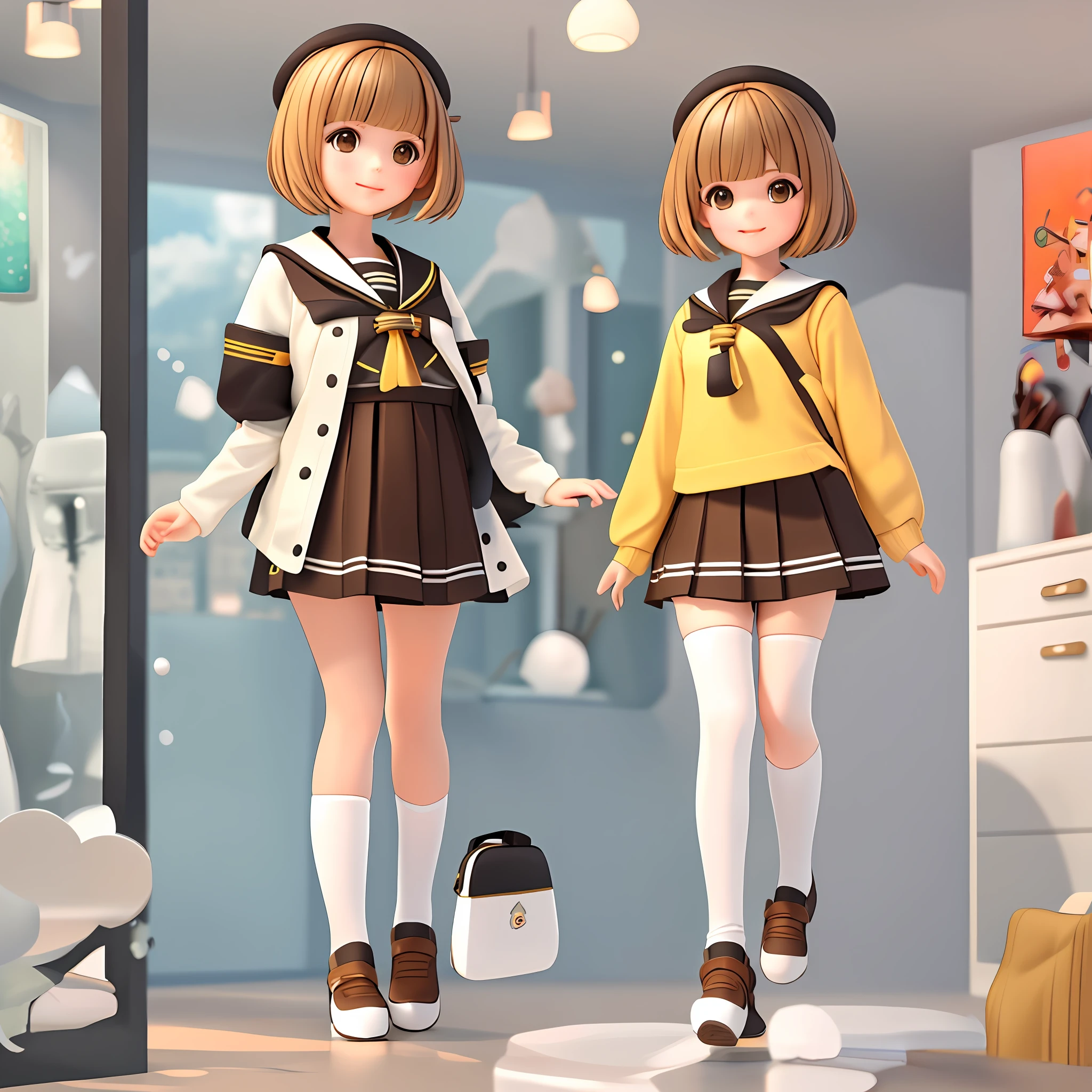 3D art, one cute girl, bright brown shiitake bob cut, sailor's costume, fluffy impression, a little older sister style,