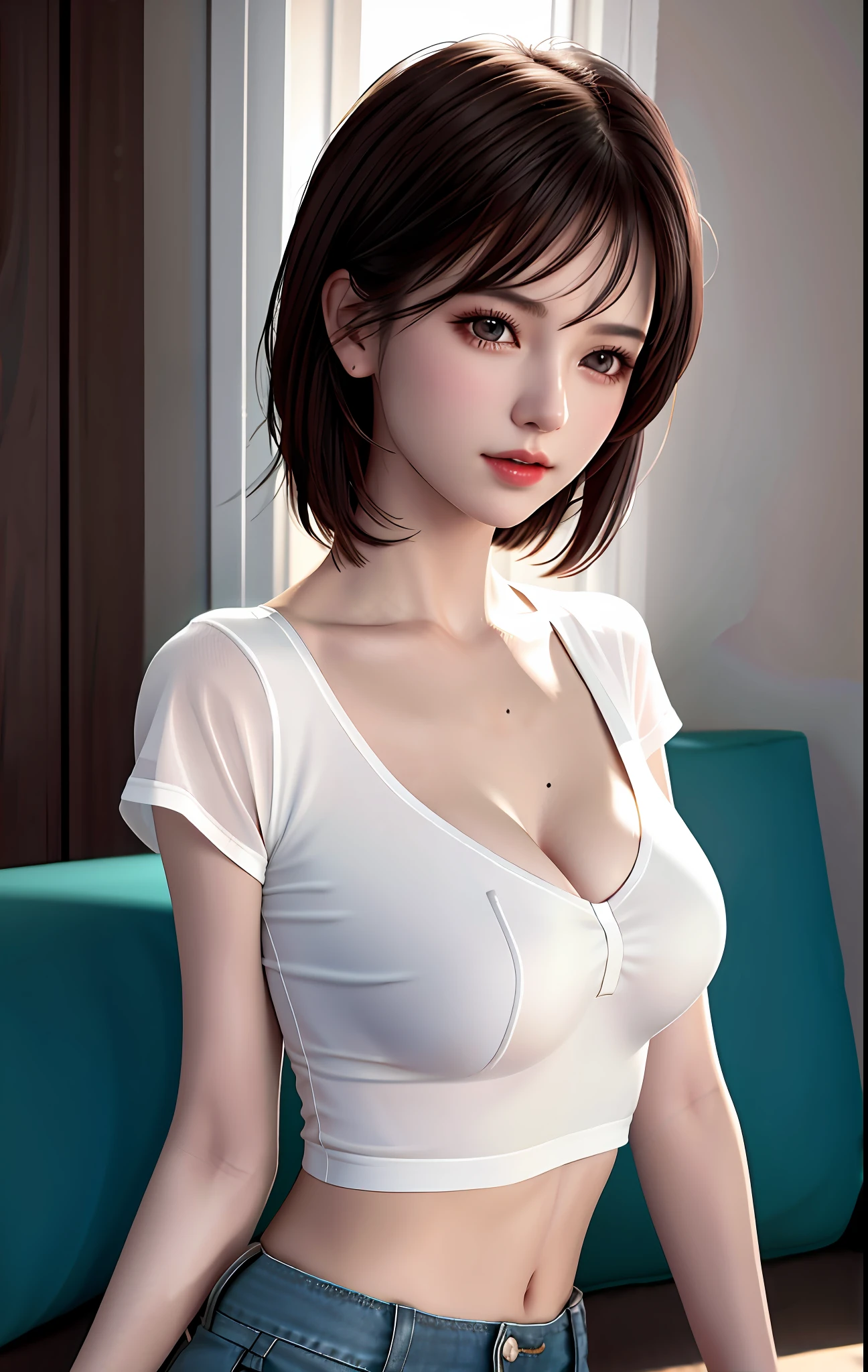 best quality, masterpiece, high_res, 1 girl, beautiful face, photo realistic, edge lighting, (high detail skin:1.2), 8K ultra hd, dslr camera, high quality, high resolution, 8K, bokeh, big breasts, absurd, best ratio Four fingers and one finger, wet shirt, wet body, no bra, (reality: 1.2), white t-shirt, dimly lit, backlit, dark, highly detailed, short hair, sweet, bare breasts, breast patch, fine bra